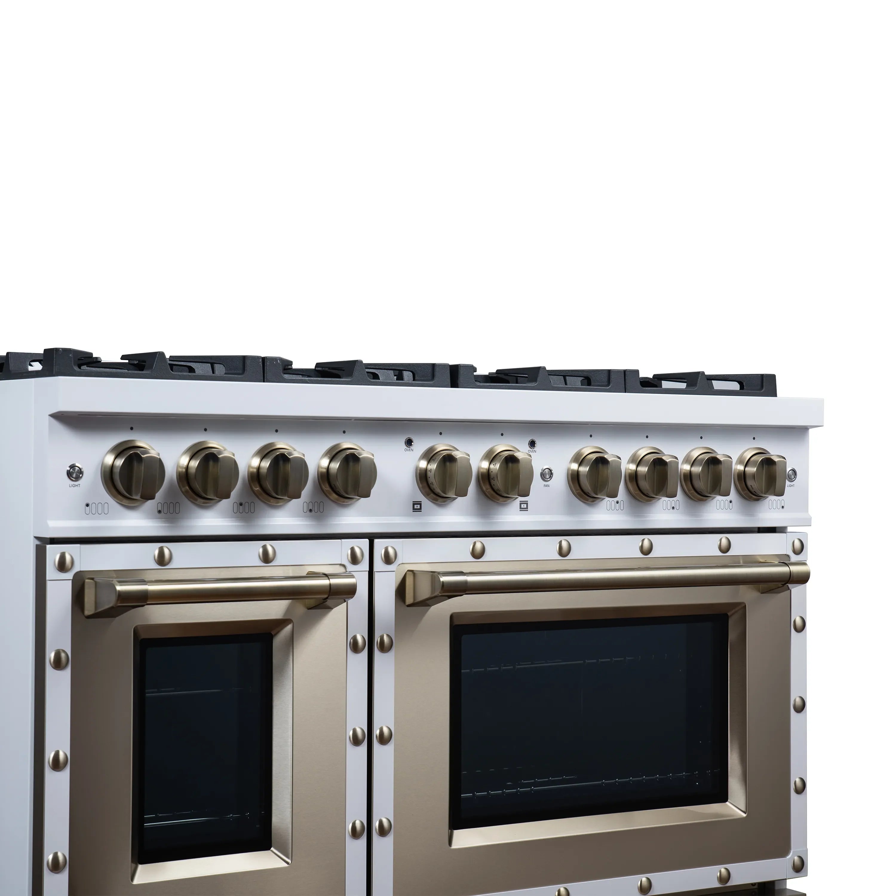 FORNO Valente 48-Inch Gas Range in White with Antique Brass Handle and Decorative Copper Trim, 6.7 Cu. Ft. Double Oven, 8 Sealed Burners, 94 000 BTU Cooktop Output, Telescopic Racks (FFSGS6299-48CPWHT)