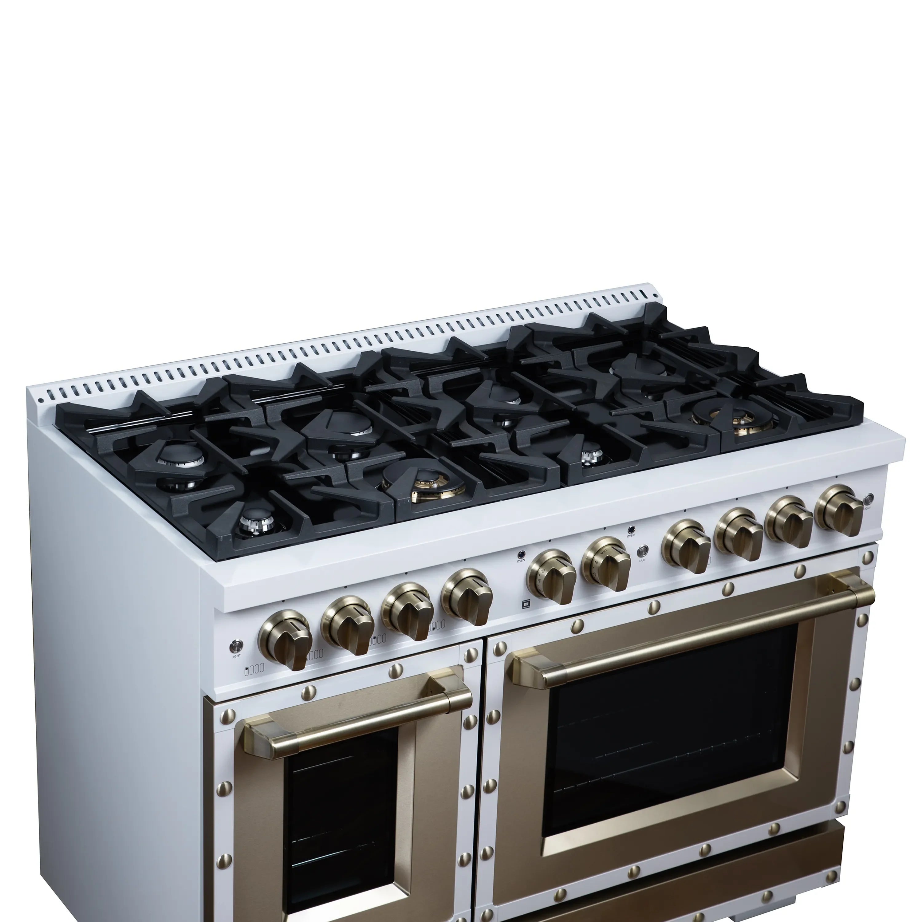 FORNO Valente 48-Inch Gas Range in White with Antique Brass Handle and Decorative Copper Trim, 6.7 Cu. Ft. Double Oven, 8 Sealed Burners, 94 000 BTU Cooktop Output, Telescopic Racks (FFSGS6299-48CPWHT)