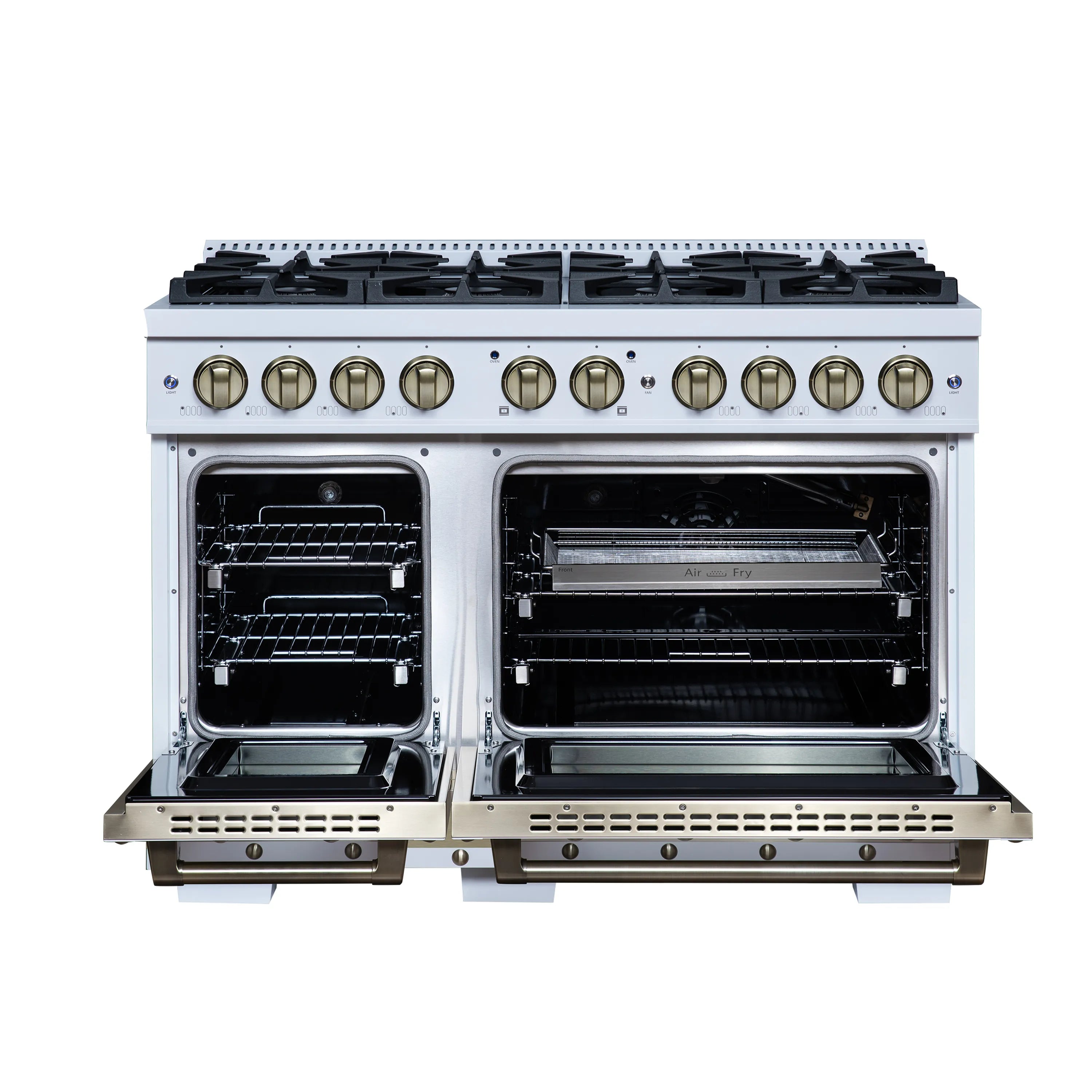 FORNO Valente 48-Inch Gas Range in White with Antique Brass Handle and Decorative Copper Trim, 6.7 Cu. Ft. Double Oven, 8 Sealed Burners, 94 000 BTU Cooktop Output, Telescopic Racks (FFSGS6299-48CPWHT)