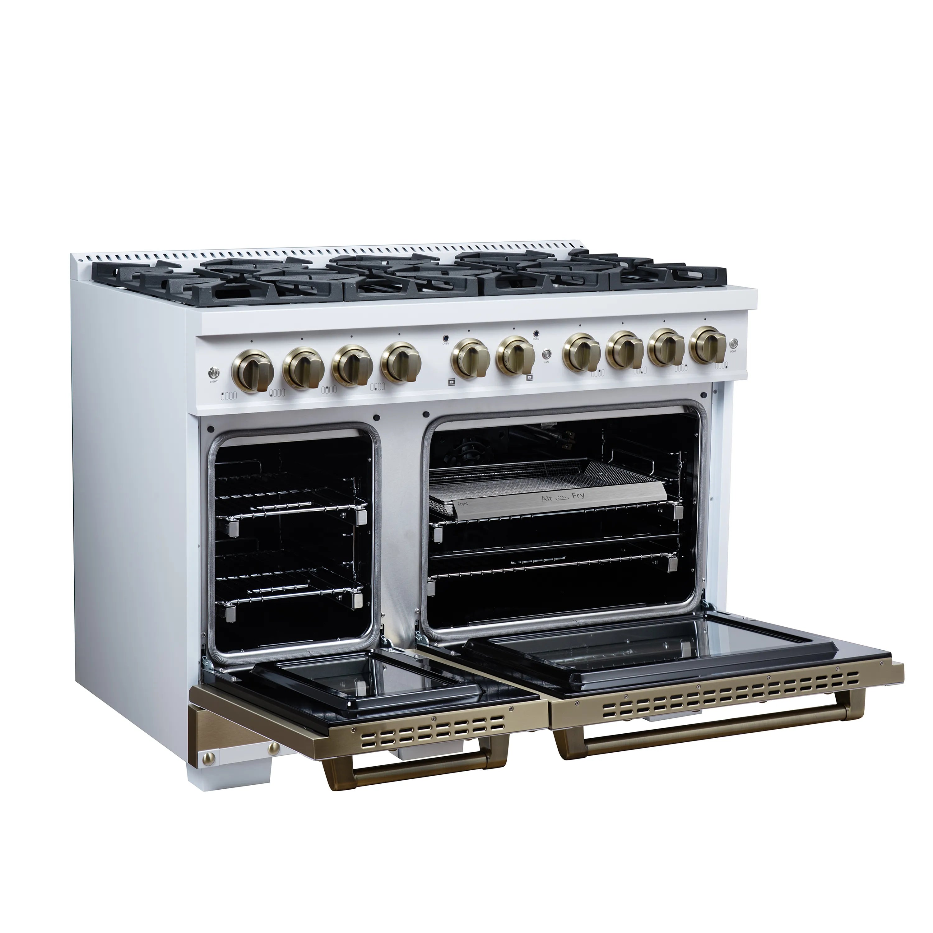 FORNO Valente 48-Inch Gas Range in White with Antique Brass Handle and Decorative Copper Trim, 6.7 Cu. Ft. Double Oven, 8 Sealed Burners, 94 000 BTU Cooktop Output, Telescopic Racks (FFSGS6299-48CPWHT)