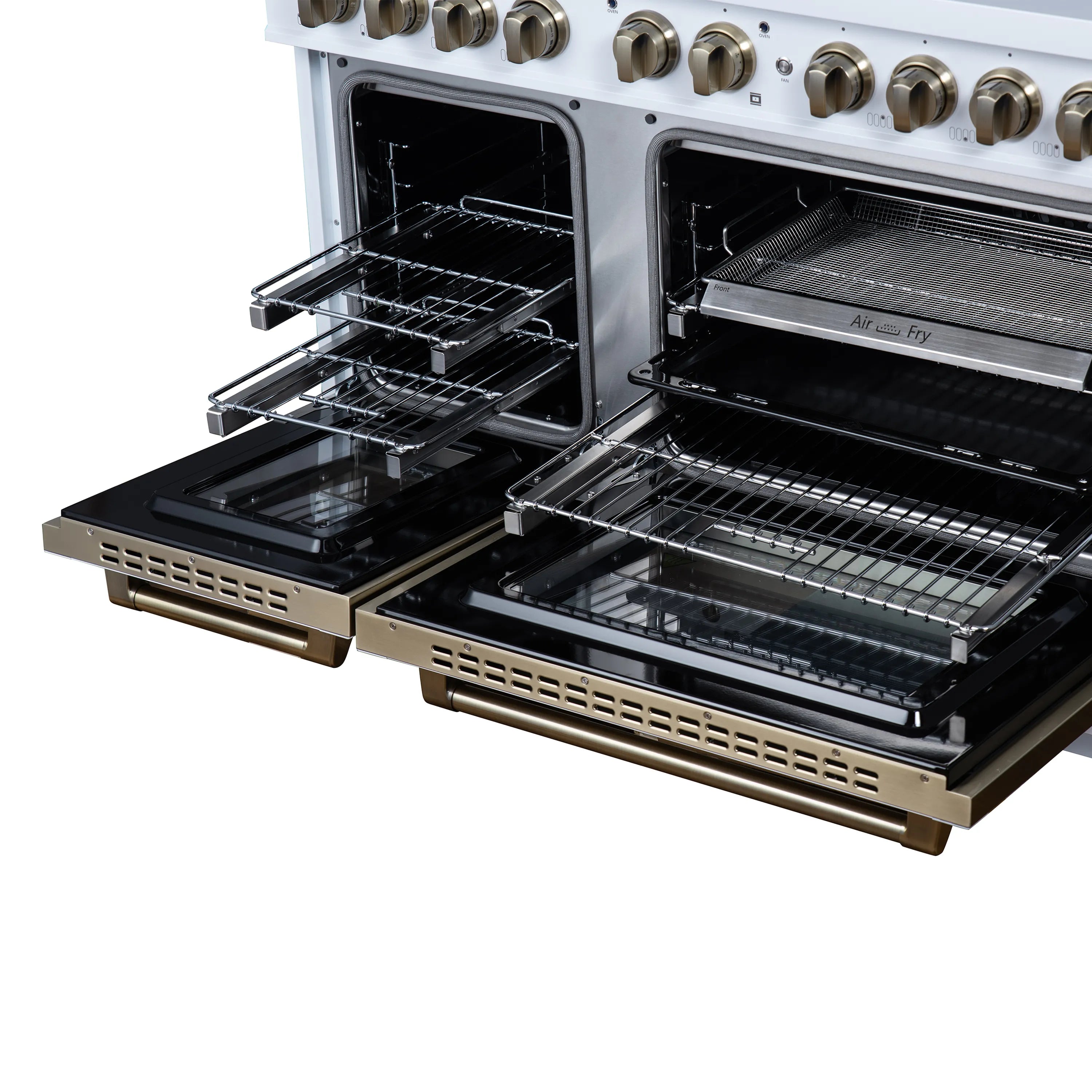 FORNO Valente 48-Inch Gas Range in White with Antique Brass Handle and Decorative Copper Trim, 6.7 Cu. Ft. Double Oven, 8 Sealed Burners, 94 000 BTU Cooktop Output, Telescopic Racks (FFSGS6299-48CPWHT)