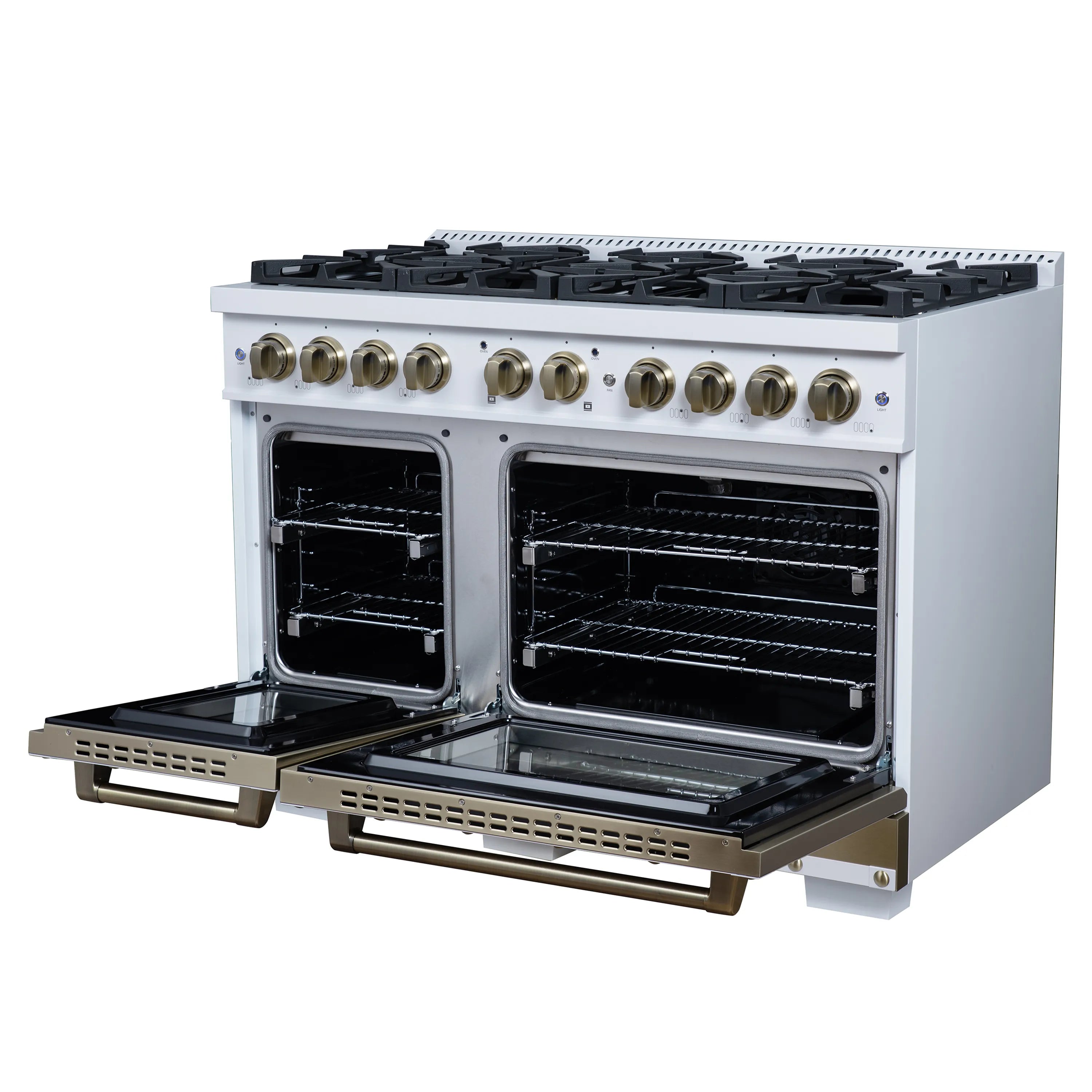 FORNO Valente 48-Inch Gas Range in White with Antique Brass Handle and Decorative Copper Trim, 6.7 Cu. Ft. Double Oven, 8 Sealed Burners, 94 000 BTU Cooktop Output, Telescopic Racks (FFSGS6299-48CPWHT)