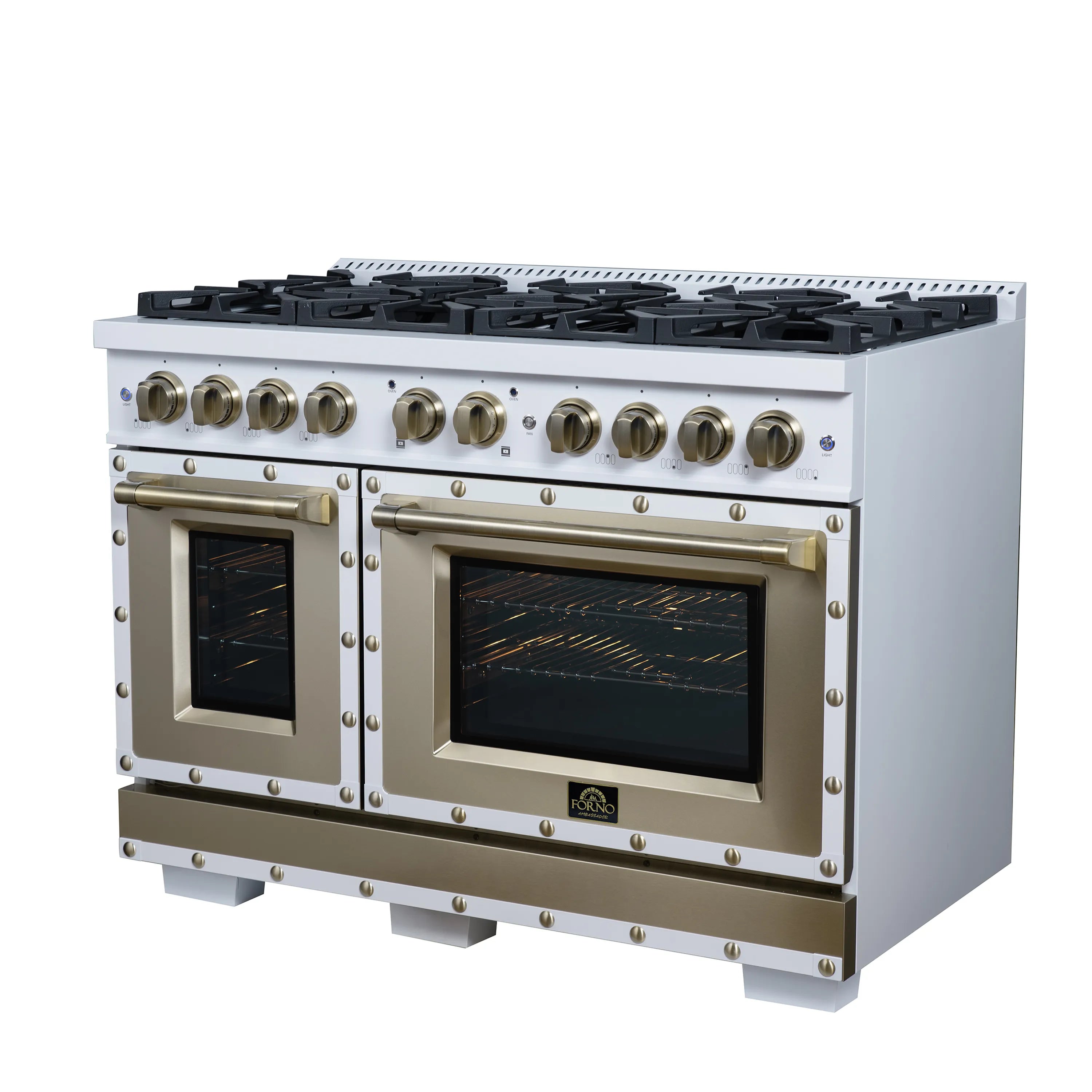 FORNO Valente 48-Inch Gas Range in White with Antique Brass Handle and Decorative Copper Trim, 6.7 Cu. Ft. Double Oven, 8 Sealed Burners, 94 000 BTU Cooktop Output, Telescopic Racks (FFSGS6299-48CPWHT)