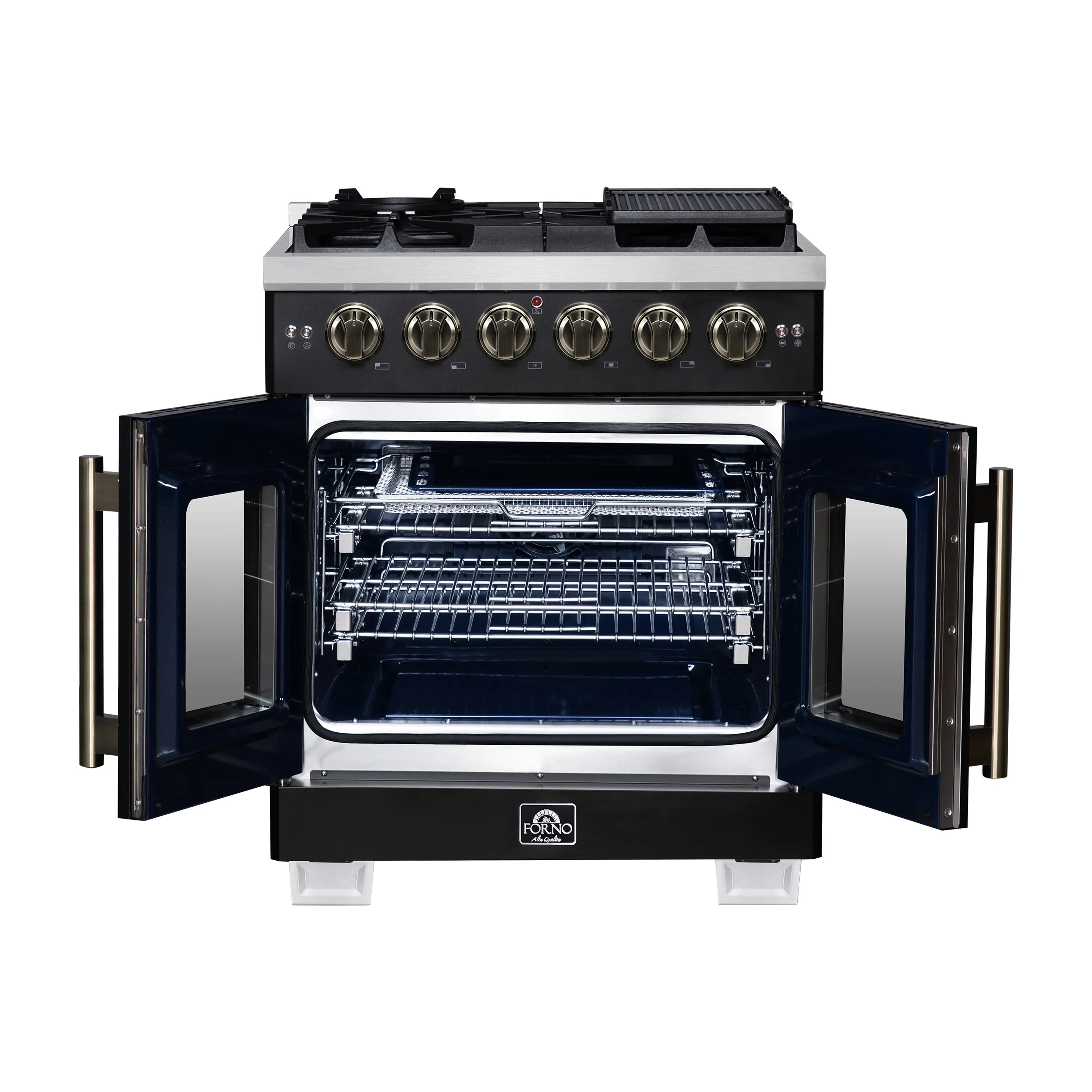 Forno Capriasca 30-Inch Freestanding French Door Gas Range with 4 Burners and 4.32 Cu.Ft. Convection Oven in Black with Antique Brass Handle (FFSGS6460-30BLK)