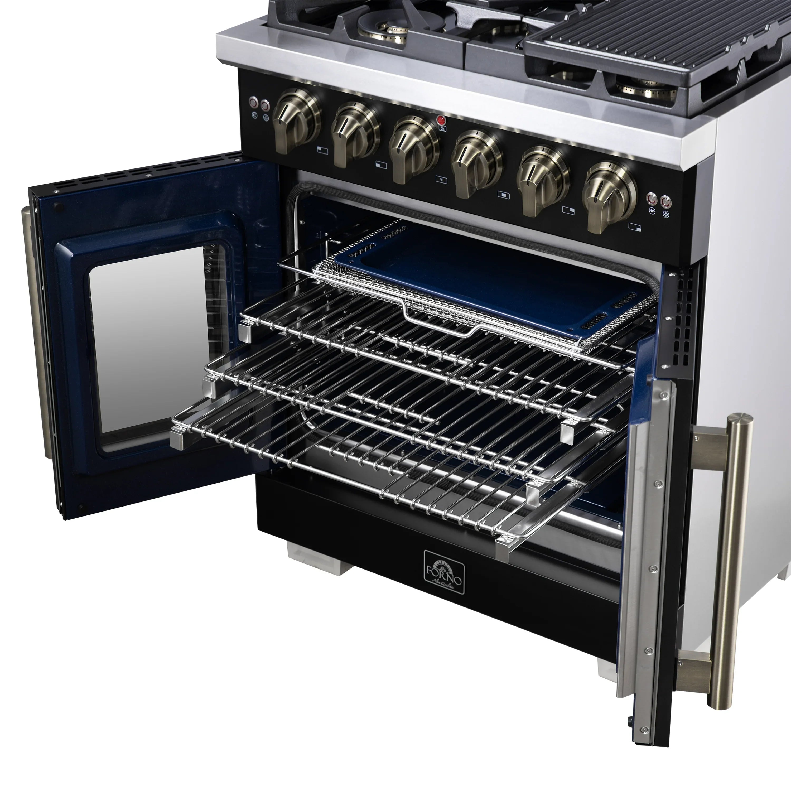 Forno Capriasca 30-Inch Freestanding French Door Gas Range with 4 Burners and 4.32 Cu.Ft. Convection Oven in Black with Antique Brass Handle (FFSGS6460-30BLK)