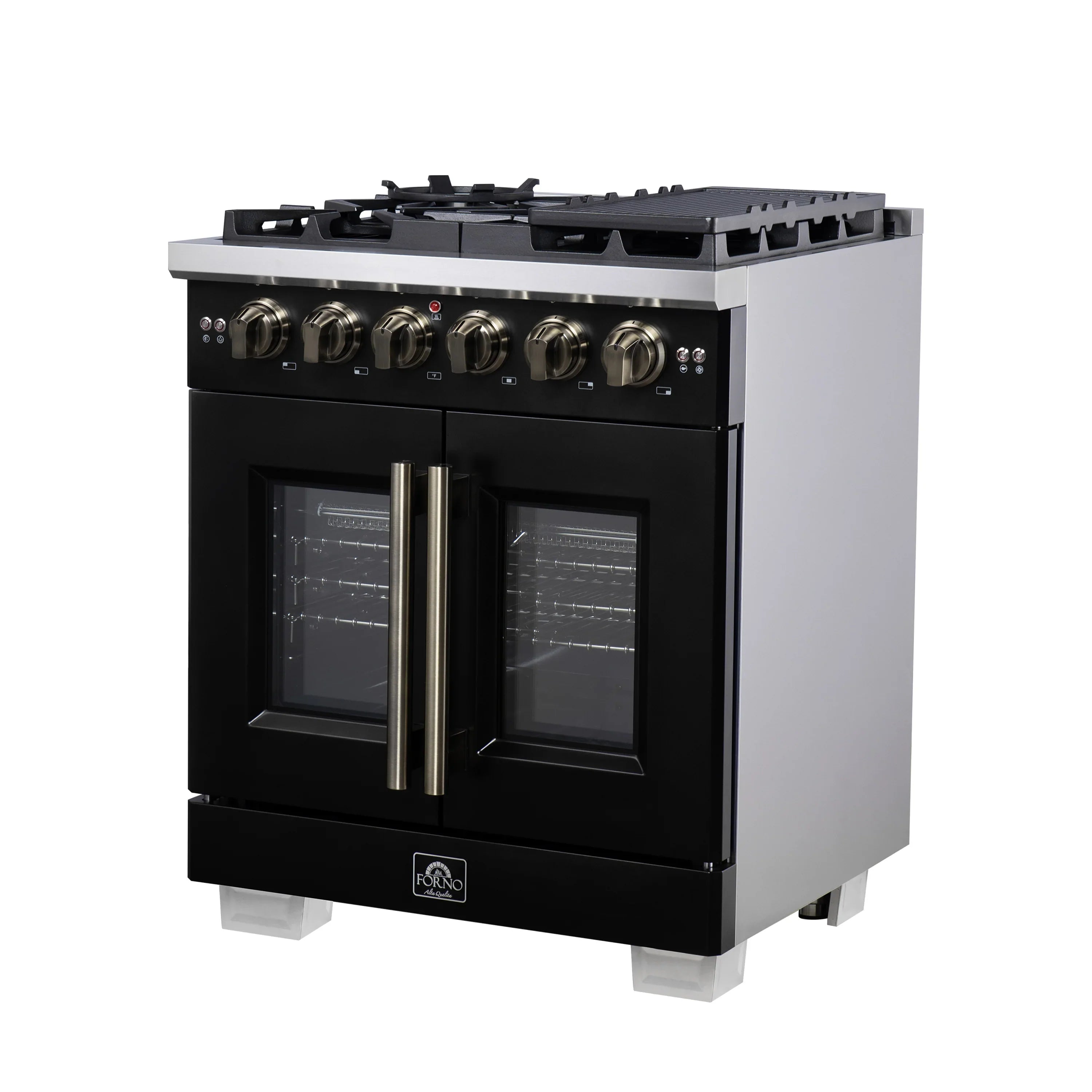 Forno Capriasca 30-Inch Freestanding French Door Gas Range with 4 Burners and 4.32 Cu.Ft. Convection Oven in Black with Antique Brass Handle (FFSGS6460-30BLK)