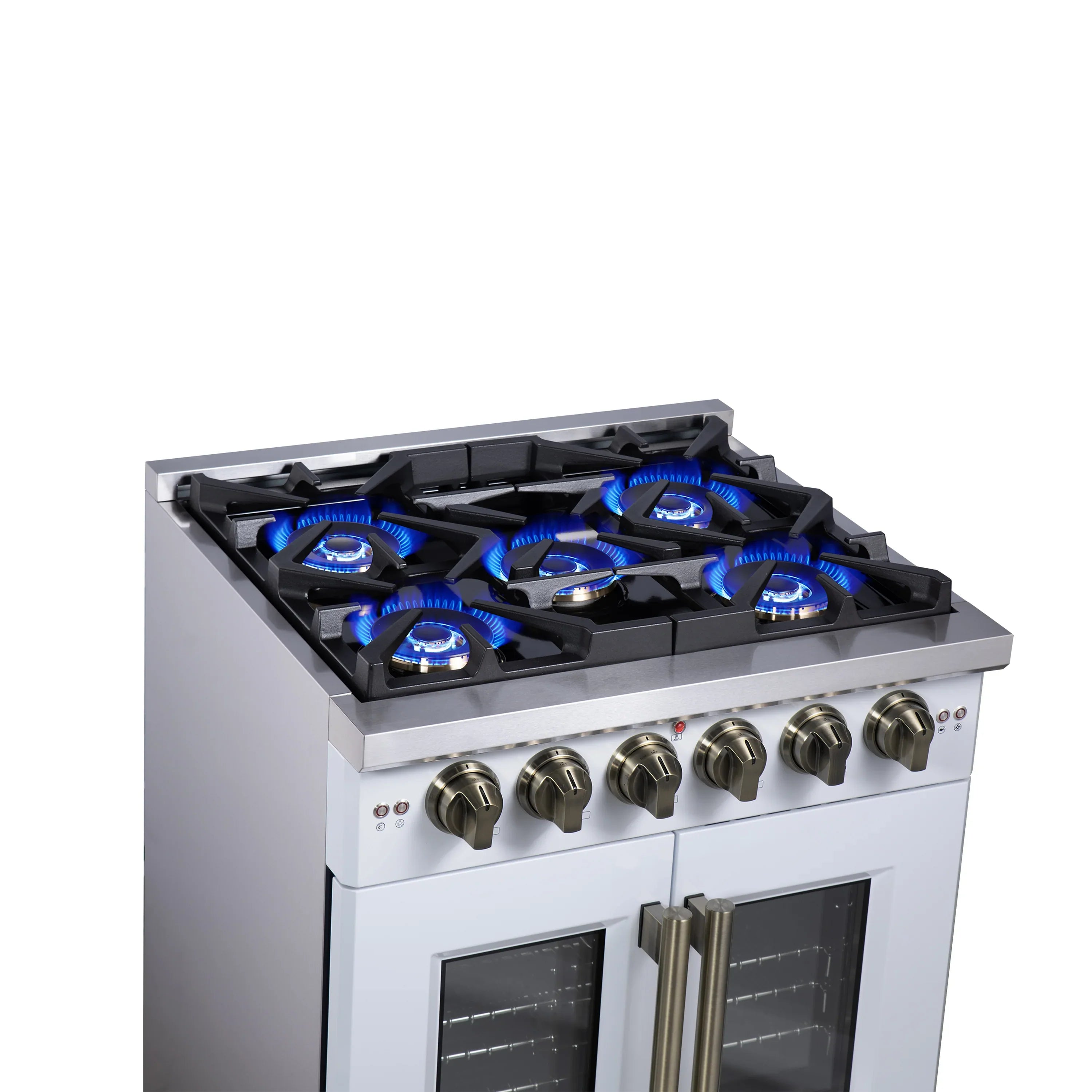 Forno Capriasca 30-Inch Freestanding French Door Gas Range with 4 Burners and 4.32 Cu.Ft. Convection Oven in White with Antique Brass Handle (FFSGS6460-30WHT)