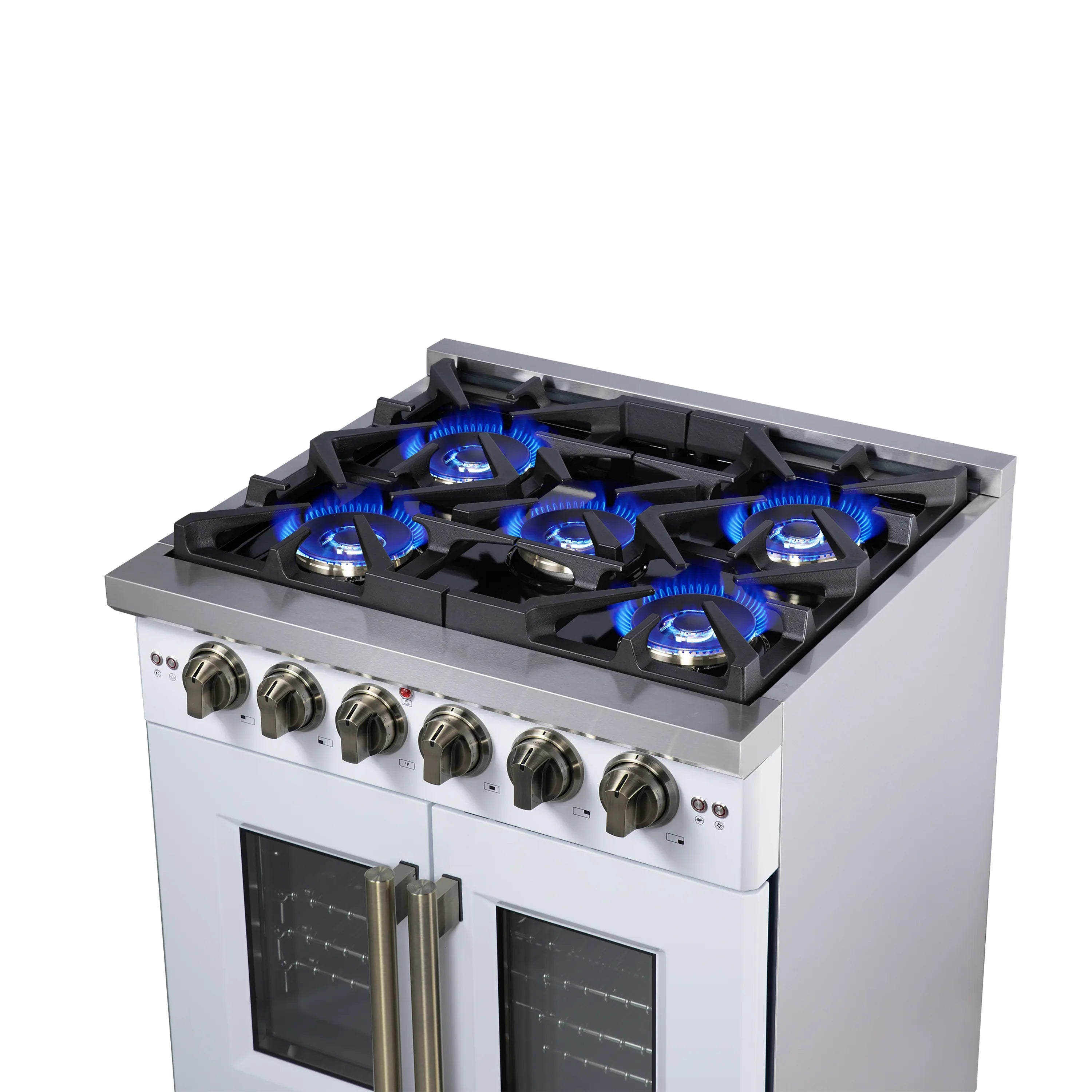 Forno Capriasca 30-Inch Freestanding French Door Gas Range with 4 Burners and 4.32 Cu.Ft. Convection Oven in White with Antique Brass Handle (FFSGS6460-30WHT)