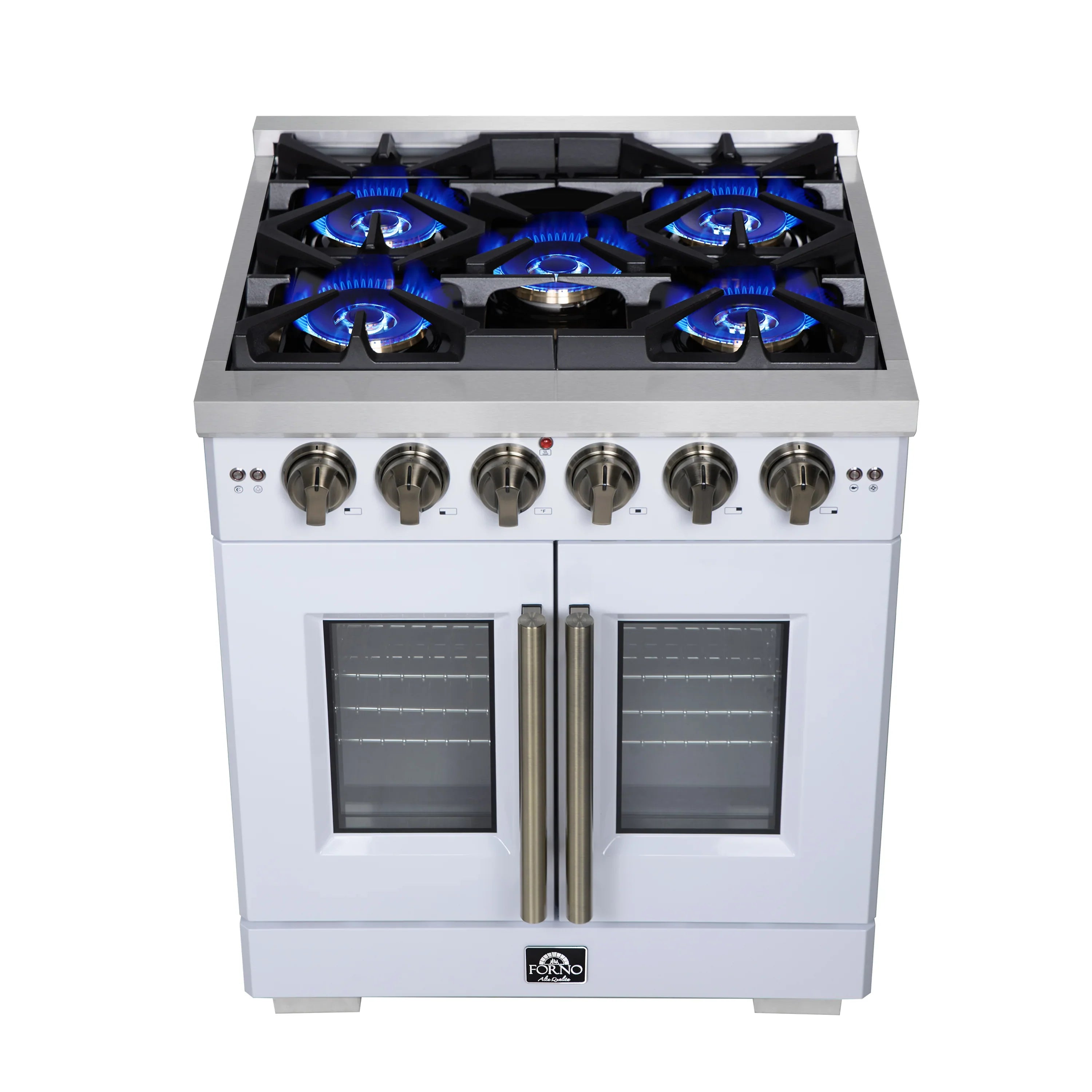 Forno Capriasca 30-Inch Freestanding French Door Gas Range with 4 Burners and 4.32 Cu.Ft. Convection Oven in White with Antique Brass Handle (FFSGS6460-30WHT)
