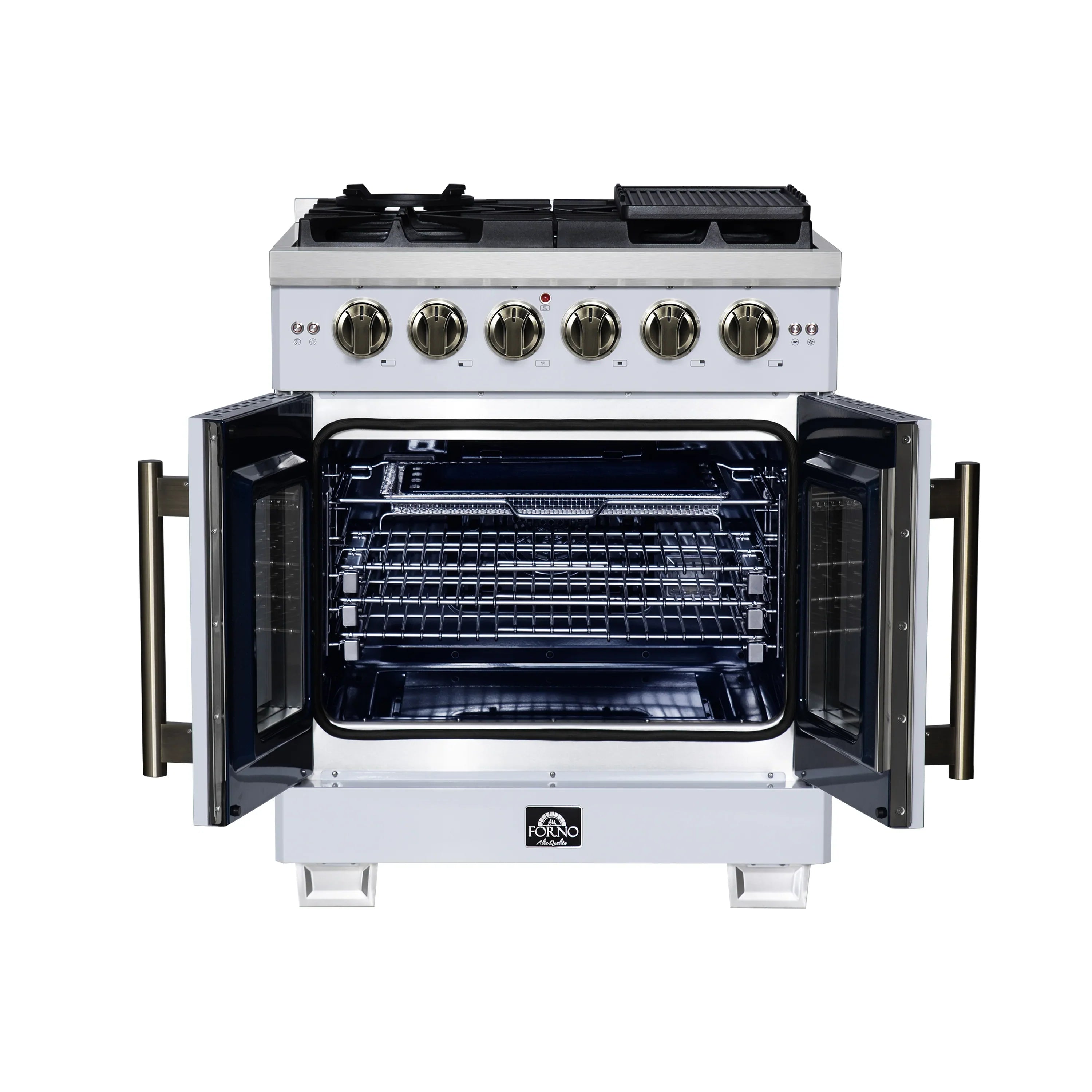 Forno Capriasca 30-Inch Freestanding French Door Gas Range with 4 Burners and 4.32 Cu.Ft. Convection Oven in White with Antique Brass Handle (FFSGS6460-30WHT)