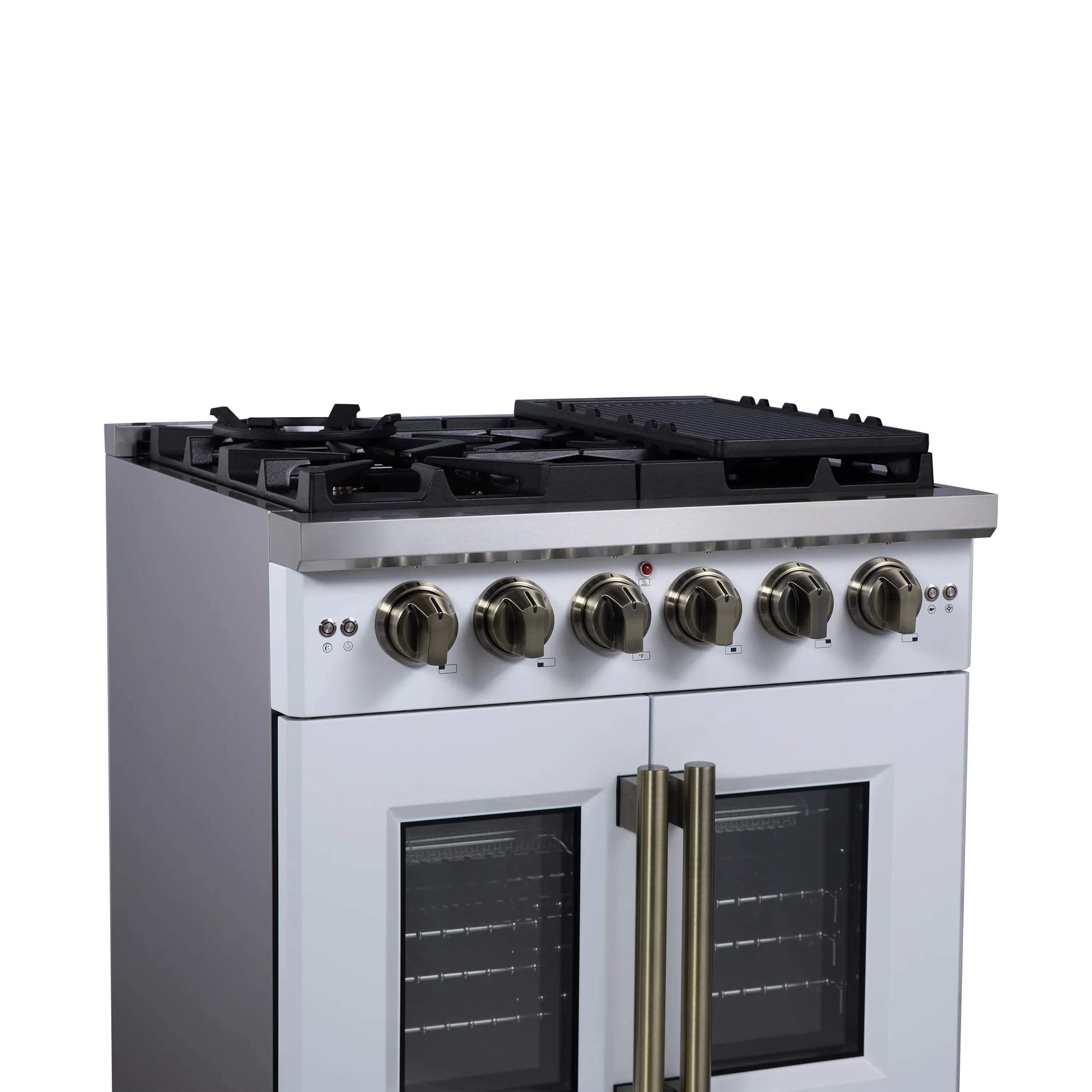 Forno Capriasca 30-Inch Freestanding French Door Gas Range with 4 Burners and 4.32 Cu.Ft. Convection Oven in White with Antique Brass Handle (FFSGS6460-30WHT)