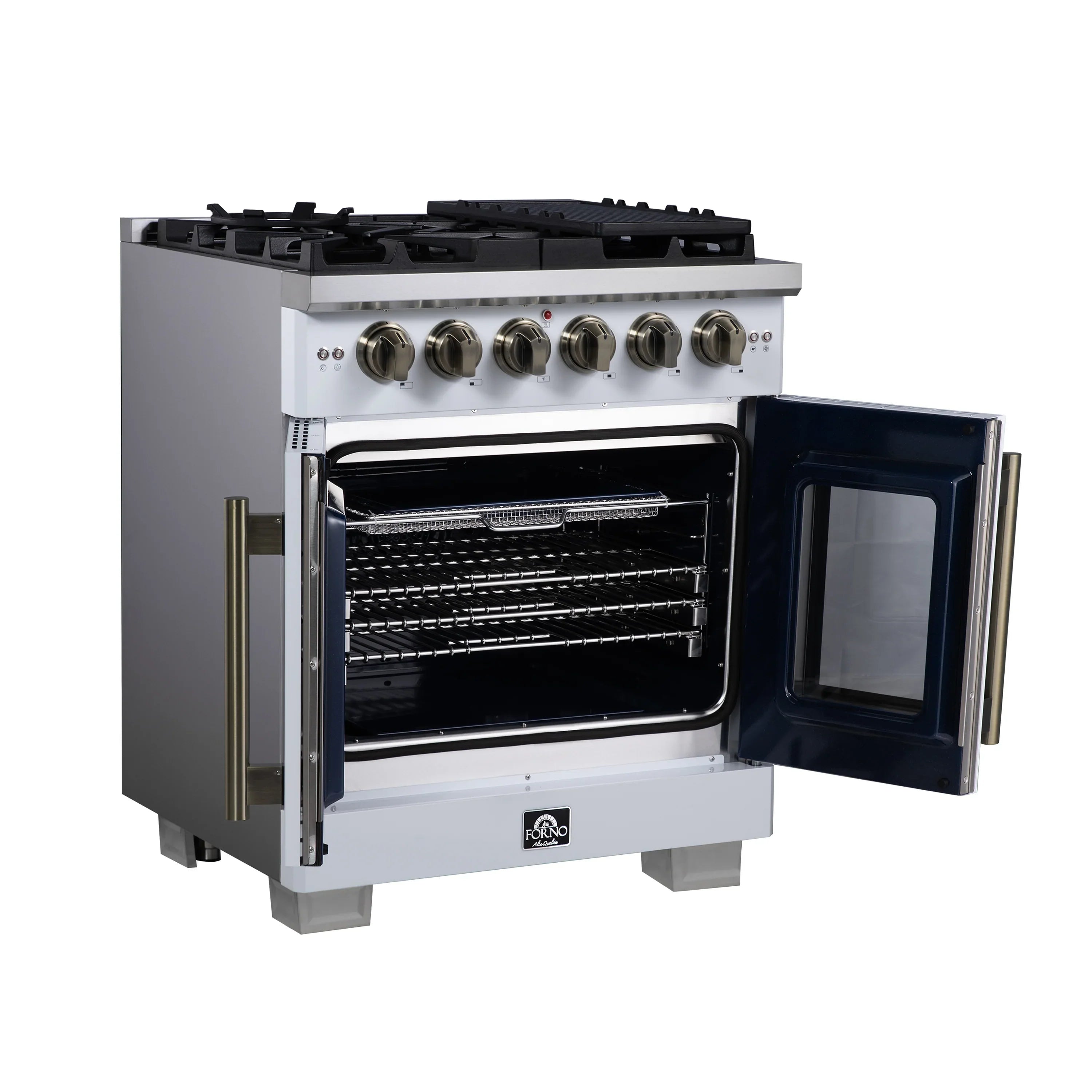 Forno Capriasca 30-Inch Freestanding French Door Gas Range with 4 Burners and 4.32 Cu.Ft. Convection Oven in White with Antique Brass Handle (FFSGS6460-30WHT)
