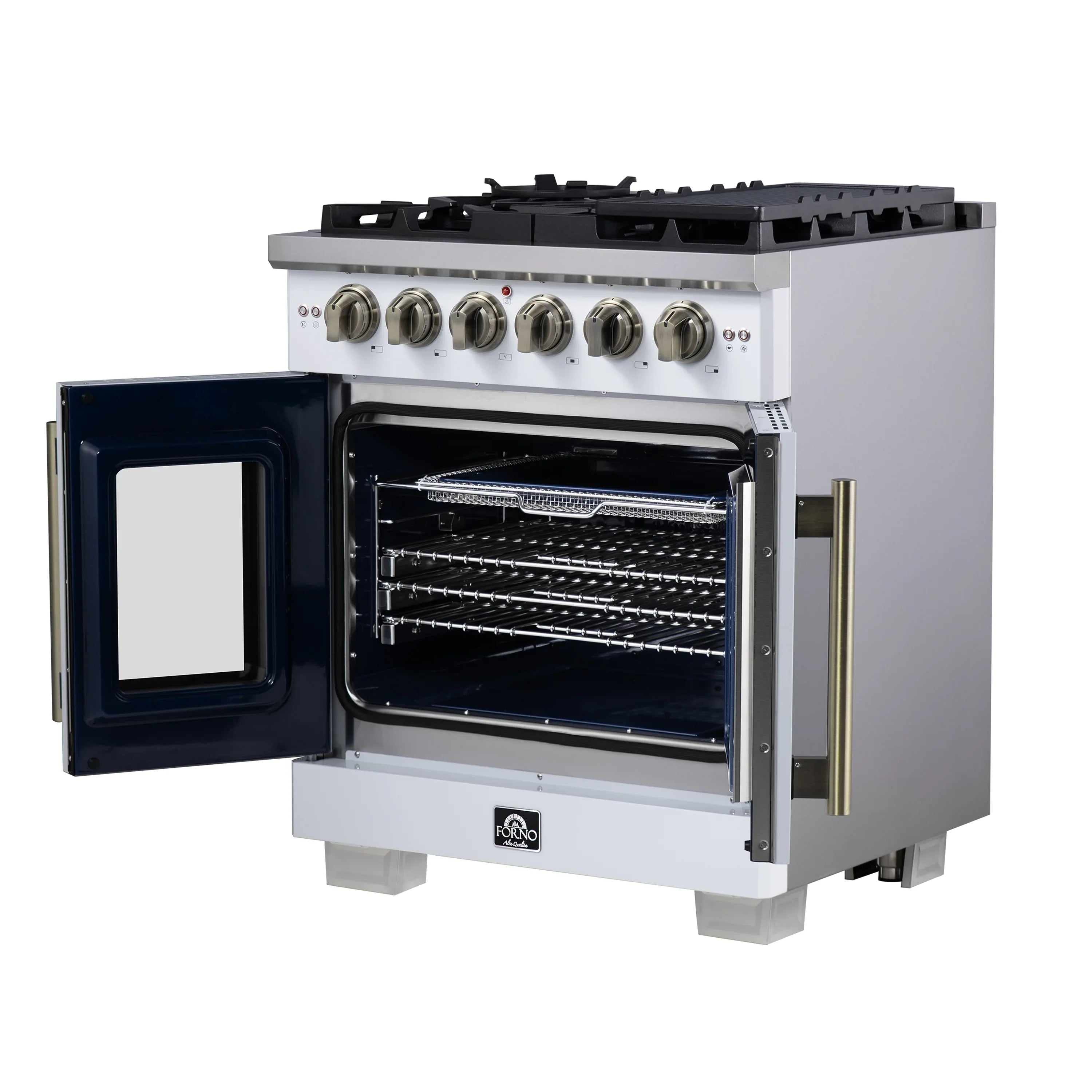 Forno Capriasca 30-Inch Freestanding French Door Gas Range with 4 Burners and 4.32 Cu.Ft. Convection Oven in White with Antique Brass Handle (FFSGS6460-30WHT)