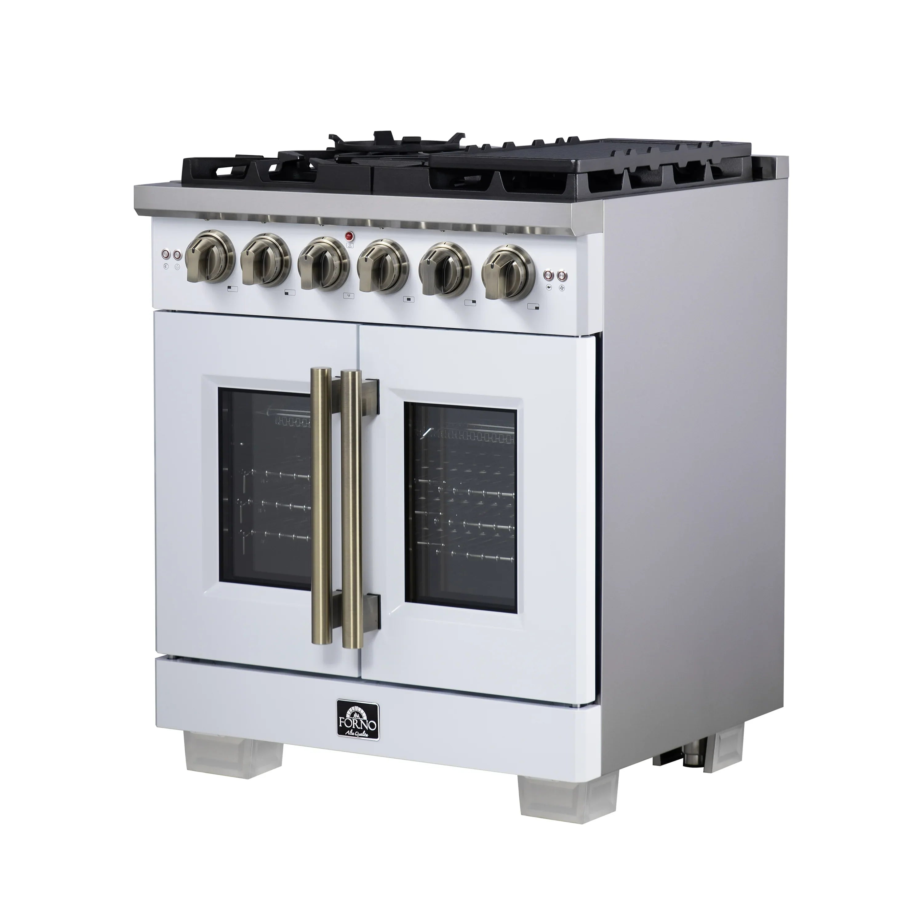 Forno Capriasca 30-Inch Freestanding French Door Gas Range with 4 Burners and 4.32 Cu.Ft. Convection Oven in White with Antique Brass Handle (FFSGS6460-30WHT)