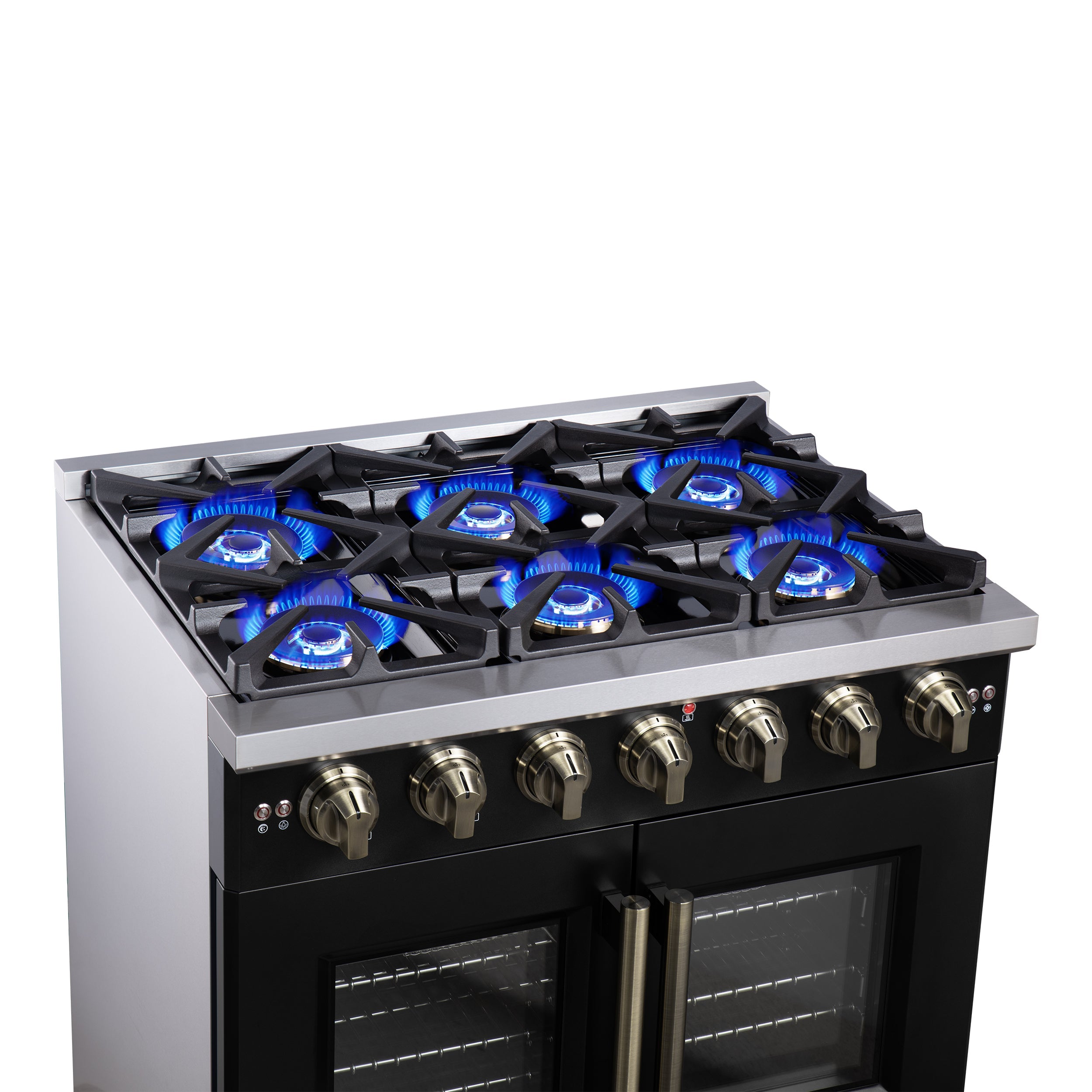 Forno Capriasca 36-Inch Freestanding French Door Gas Range with 6 Burners and 5.36 Cu.Ft. Convection Oven in Black with Antique Brass Handle (FFSGS6460-36BLK)