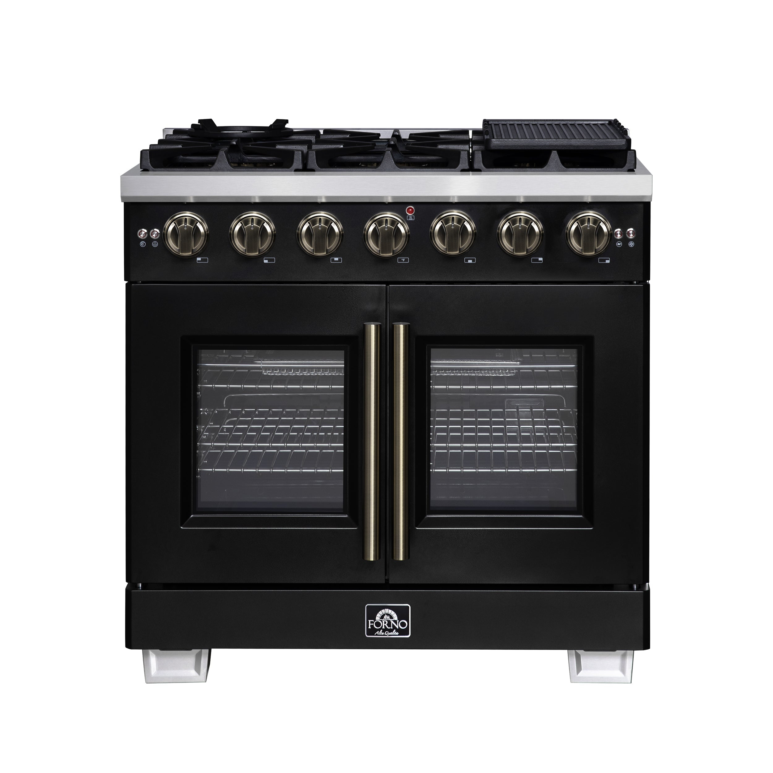 Forno Capriasca 36-Inch Freestanding French Door Gas Range with 6 Burners and 5.36 Cu.Ft. Convection Oven in Black with Antique Brass Handle (FFSGS6460-36BLK)
