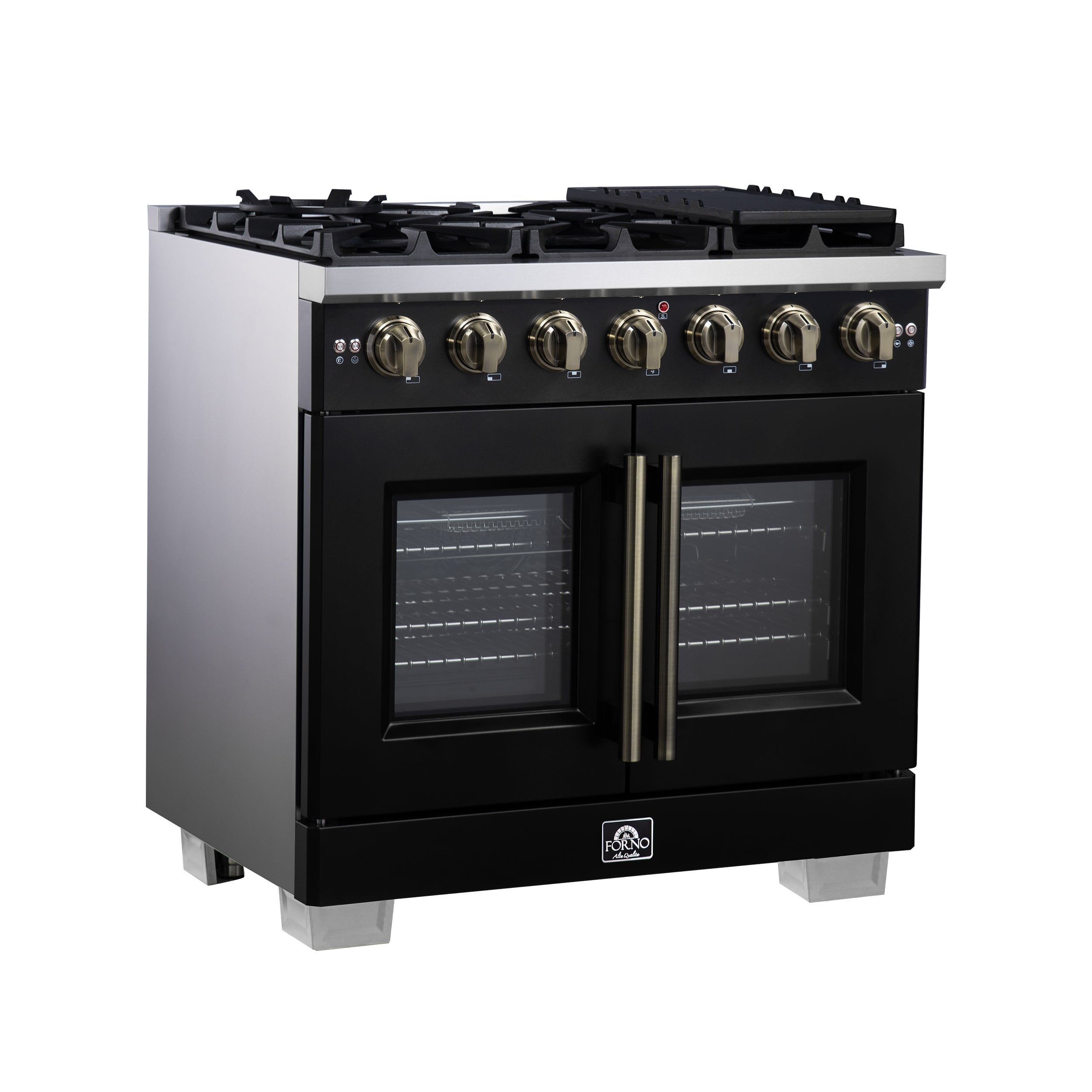 Forno Capriasca 36-Inch Freestanding French Door Gas Range with 6 Burners and 5.36 Cu.Ft. Convection Oven in Black with Antique Brass Handle (FFSGS6460-36BLK)