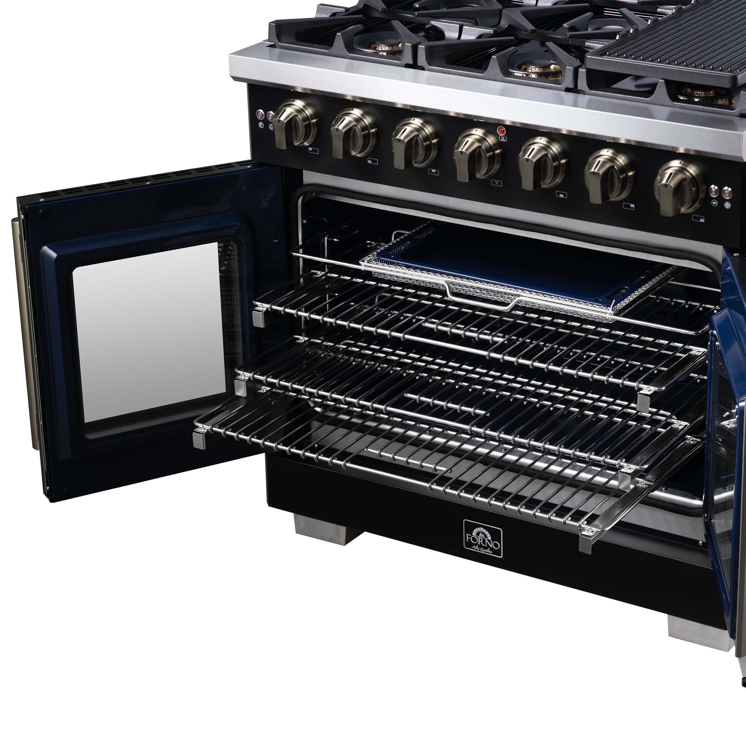 Forno Capriasca 36-Inch Freestanding French Door Gas Range with 6 Burners and 5.36 Cu.Ft. Convection Oven in Black with Antique Brass Handle (FFSGS6460-36BLK)