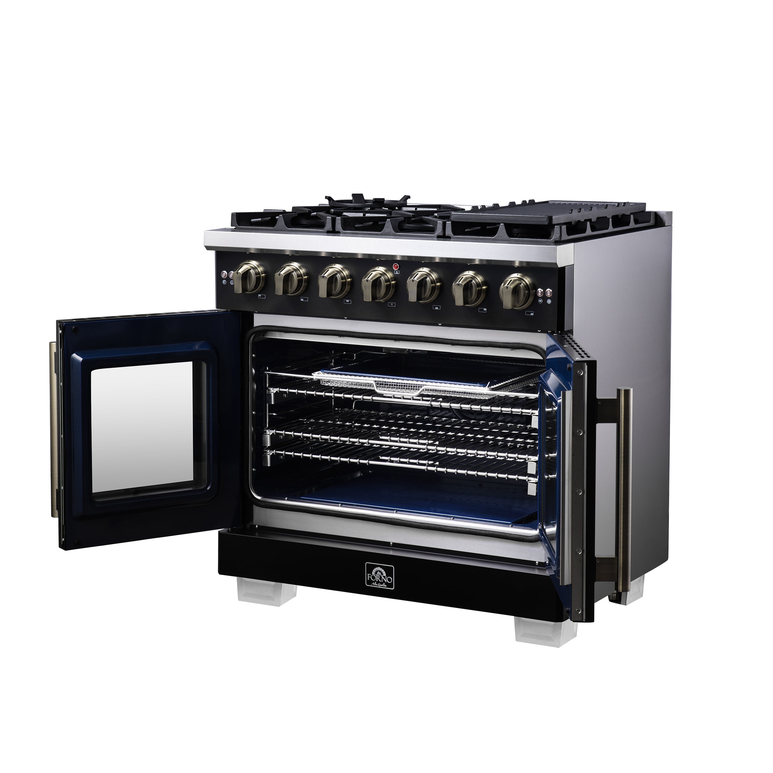 Forno Capriasca 36-Inch Freestanding French Door Gas Range with 6 Burners and 5.36 Cu.Ft. Convection Oven in Black with Antique Brass Handle (FFSGS6460-36BLK)
