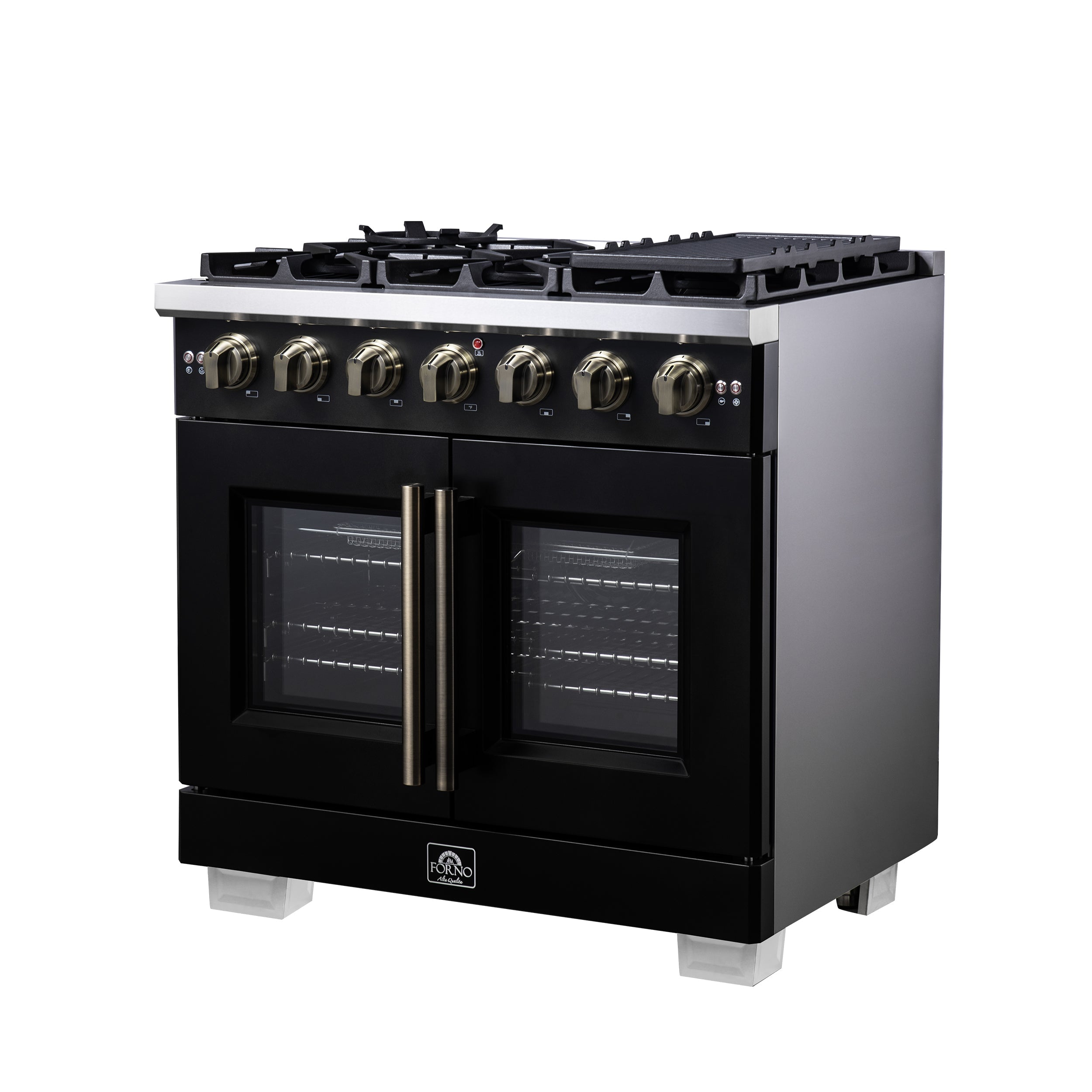 Forno Capriasca 36-Inch Freestanding French Door Gas Range with 6 Burners and 5.36 Cu.Ft. Convection Oven in Black with Antique Brass Handle (FFSGS6460-36BLK)