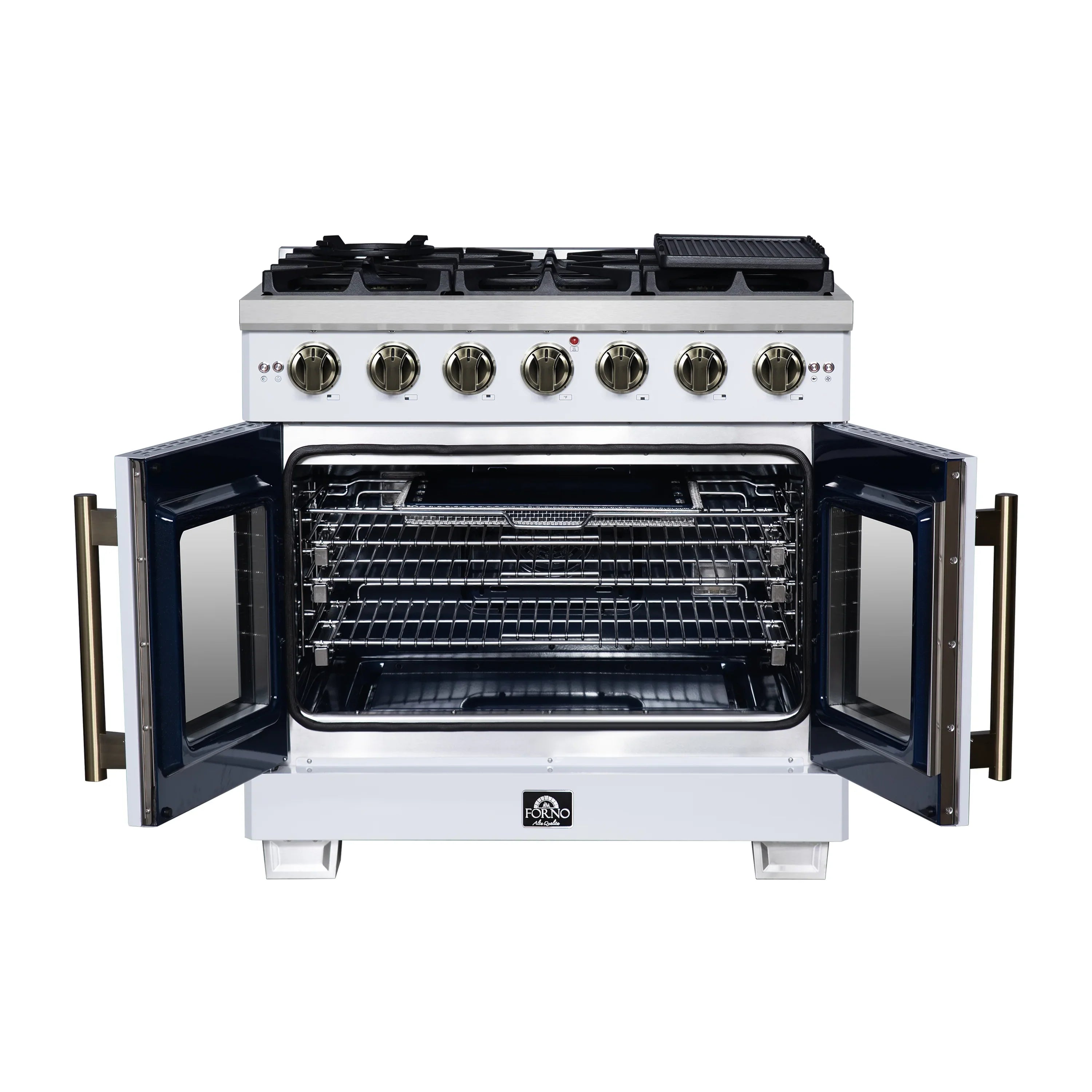 Forno Capriasca 36-Inch Freestanding French Door Gas Range with 6 Burners and 5.36 Cu.Ft. Convection Oven in White with Antique Brass Handle (FFSGS6460-36WHT)