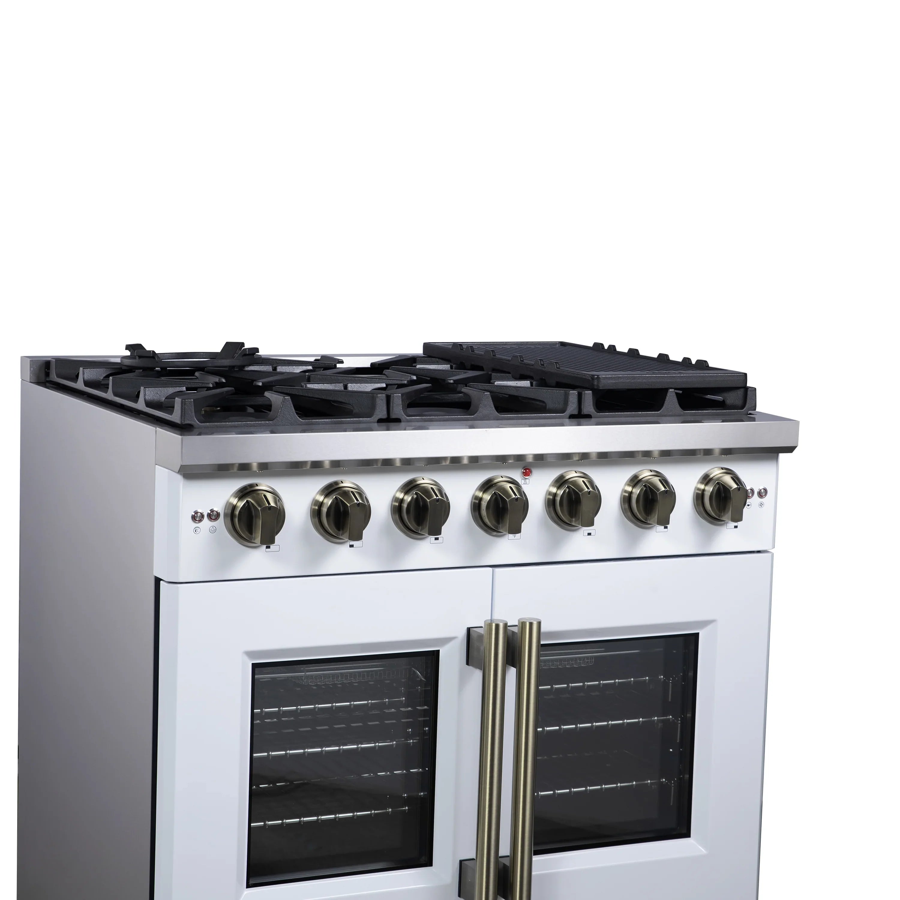 Forno Capriasca 36-Inch Freestanding French Door Gas Range with 6 Burners and 5.36 Cu.Ft. Convection Oven in White with Antique Brass Handle (FFSGS6460-36WHT)