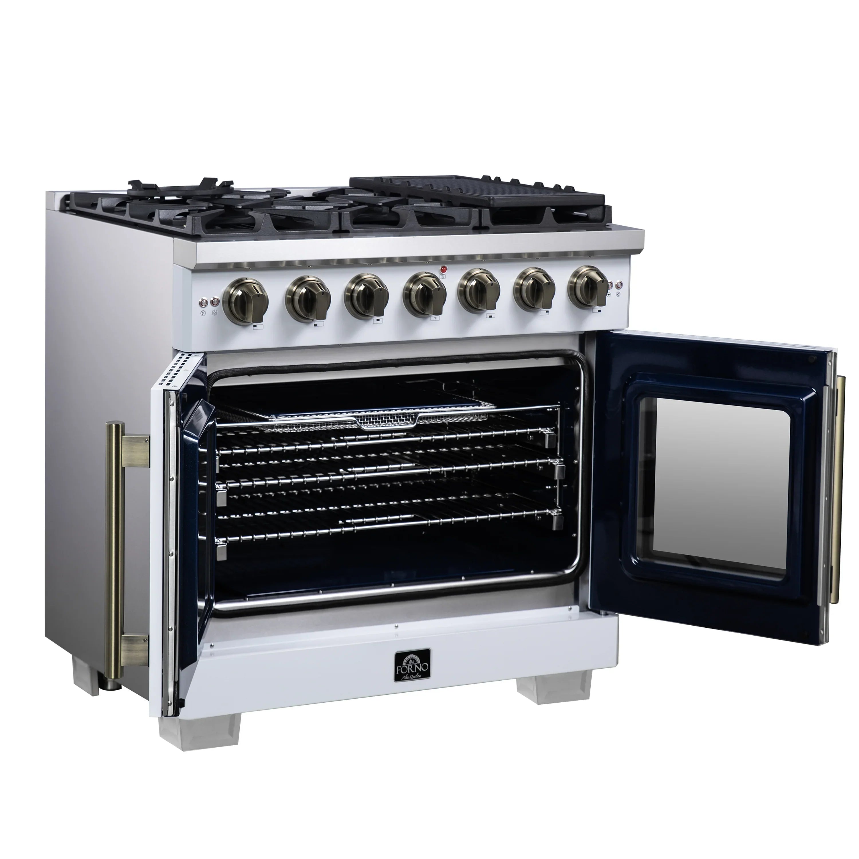 Forno Capriasca 36-Inch Freestanding French Door Gas Range with 6 Burners and 5.36 Cu.Ft. Convection Oven in White with Antique Brass Handle (FFSGS6460-36WHT)