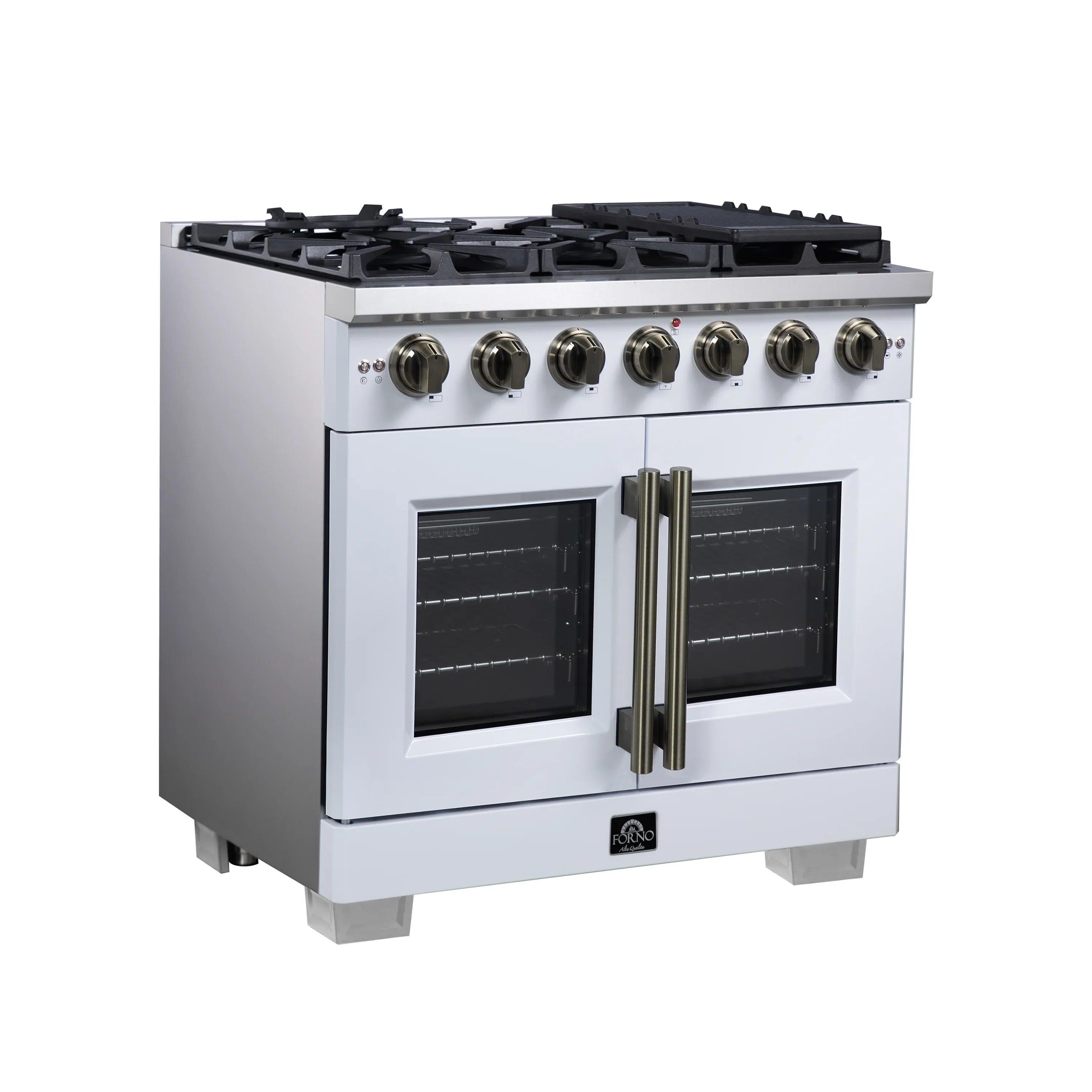 Forno Capriasca 36-Inch Freestanding French Door Gas Range with 6 Burners and 5.36 Cu.Ft. Convection Oven in White with Antique Brass Handle (FFSGS6460-36WHT)