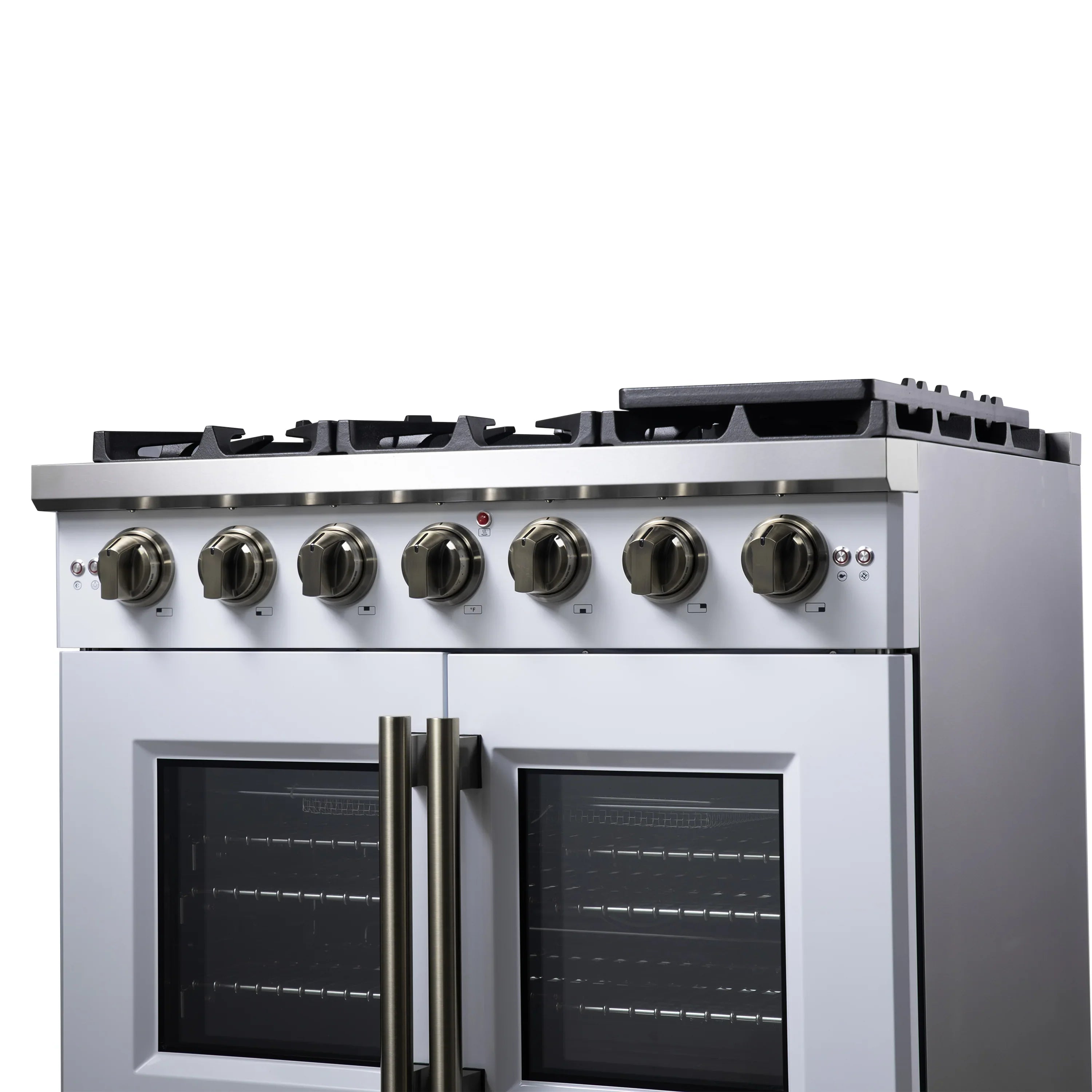 Forno Capriasca 36-Inch Freestanding French Door Gas Range with 6 Burners and 5.36 Cu.Ft. Convection Oven in White with Antique Brass Handle (FFSGS6460-36WHT)