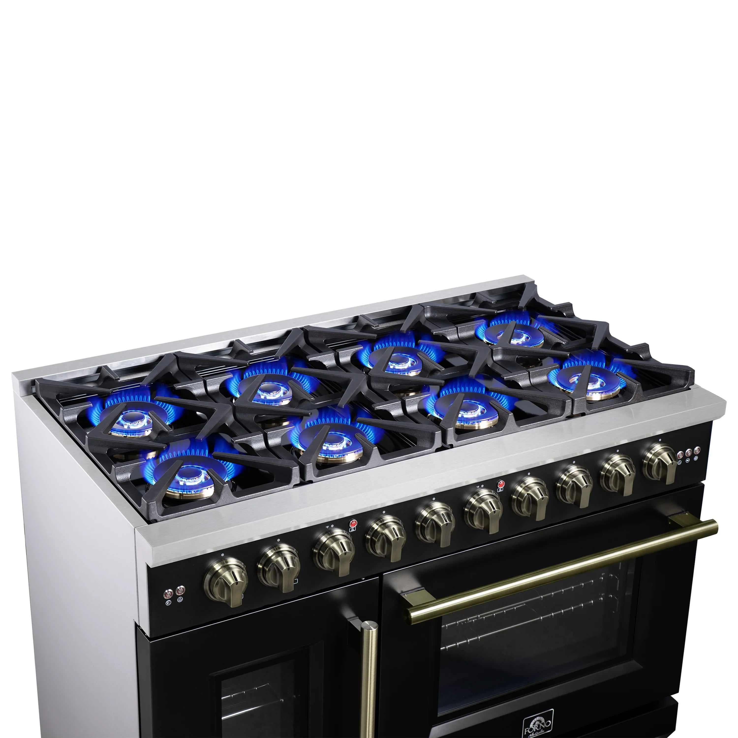 Forno Capriasca 48-Inch Freestanding French Door Gas Range with 8 Burners and 6.58 Cu.Ft. Convection Oven in Black with Antique Brass Handle (FFSGS6460-48BLK)