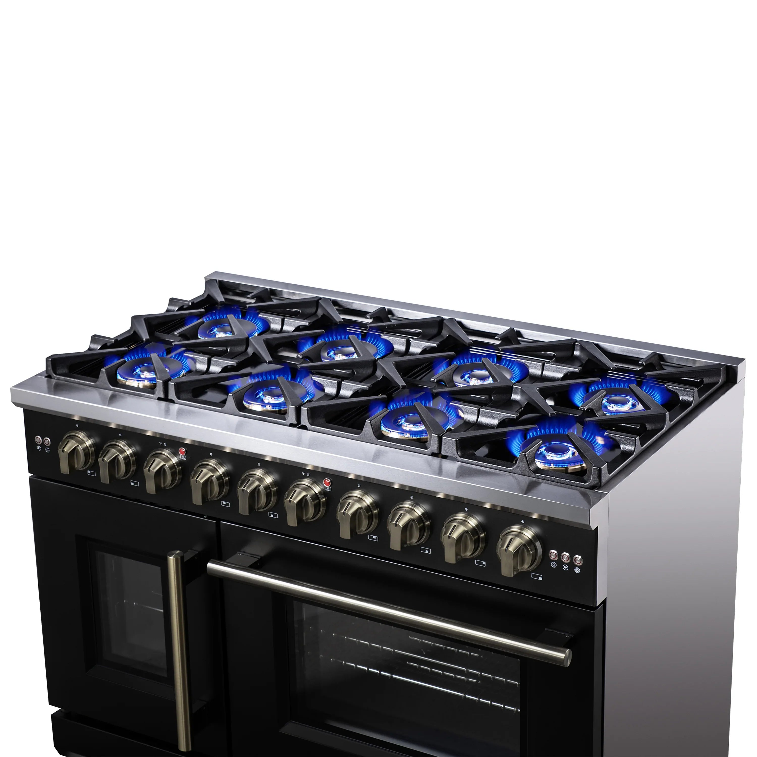 Forno Capriasca 48-Inch Freestanding French Door Gas Range with 8 Burners and 6.58 Cu.Ft. Convection Oven in Black with Antique Brass Handle (FFSGS6460-48BLK)