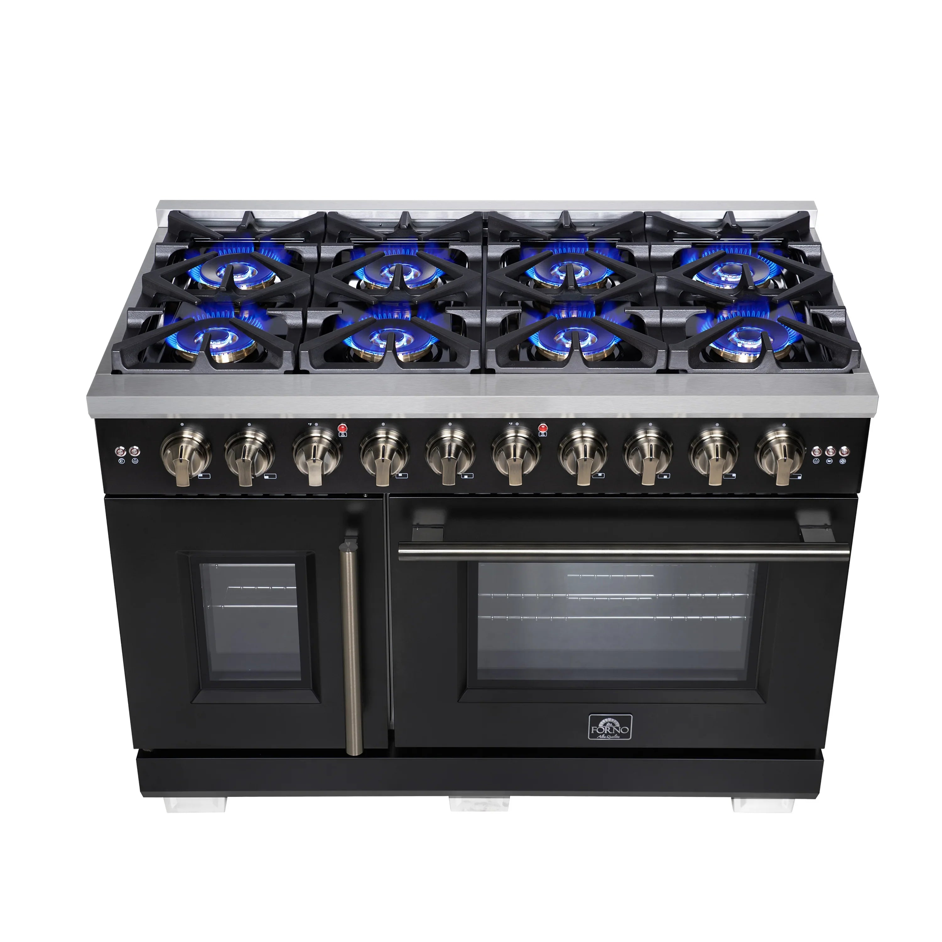 Forno Capriasca 48-Inch Freestanding French Door Gas Range with 8 Burners and 6.58 Cu.Ft. Convection Oven in Black with Antique Brass Handle (FFSGS6460-48BLK)