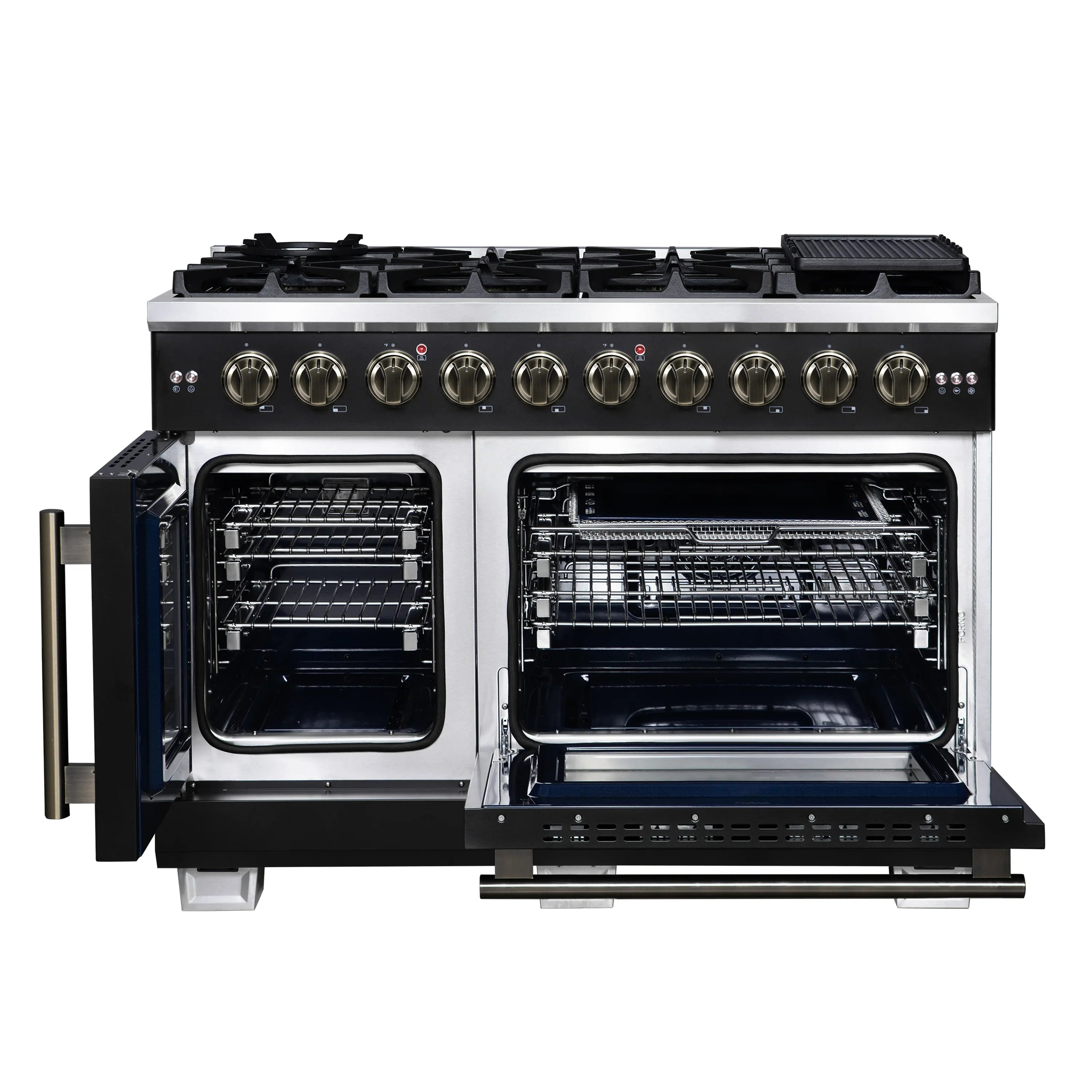 Forno Capriasca 48-Inch Freestanding French Door Gas Range with 8 Burners and 6.58 Cu.Ft. Convection Oven in Black with Antique Brass Handle (FFSGS6460-48BLK)