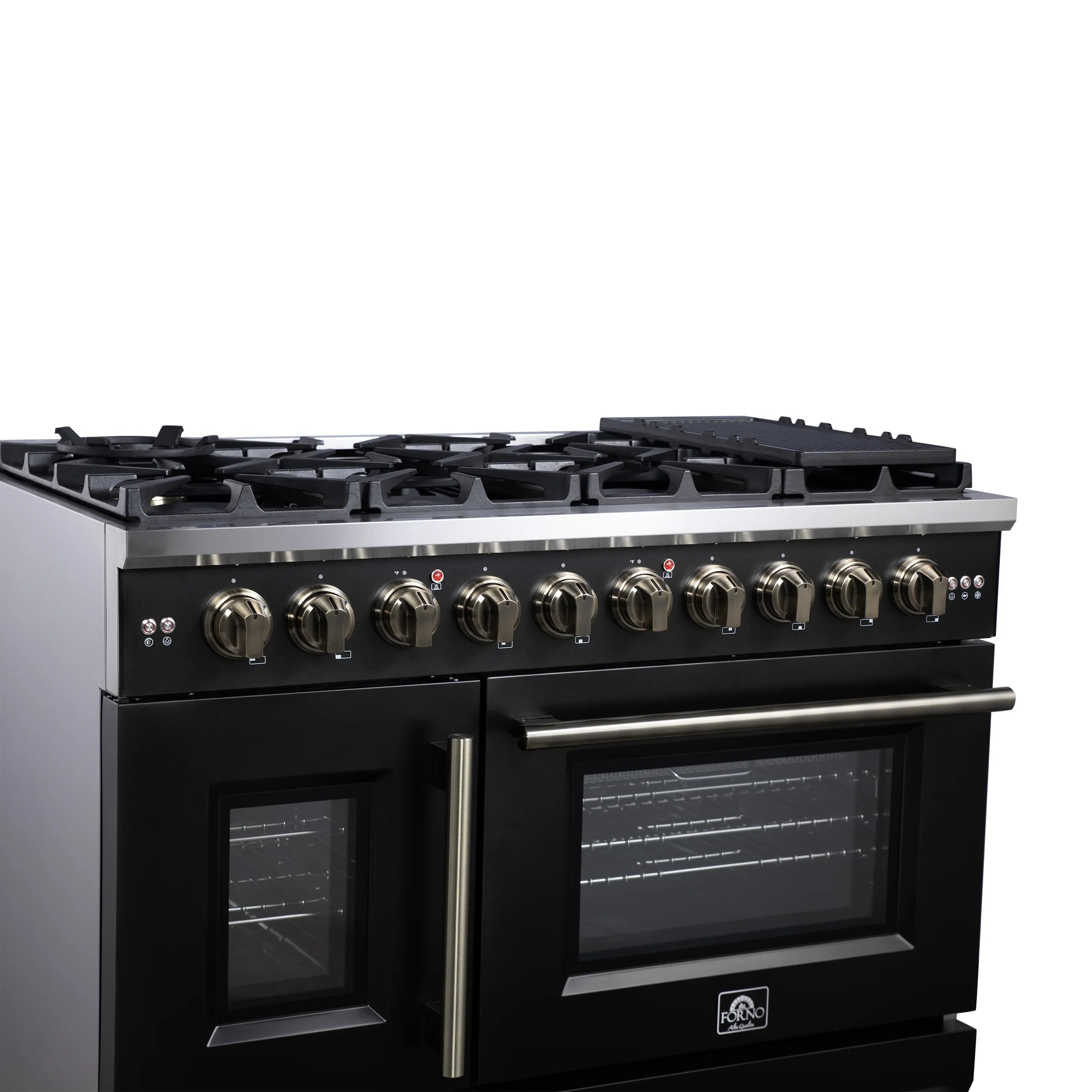 Forno Capriasca 48-Inch Freestanding French Door Gas Range with 8 Burners and 6.58 Cu.Ft. Convection Oven in Black with Antique Brass Handle (FFSGS6460-48BLK)