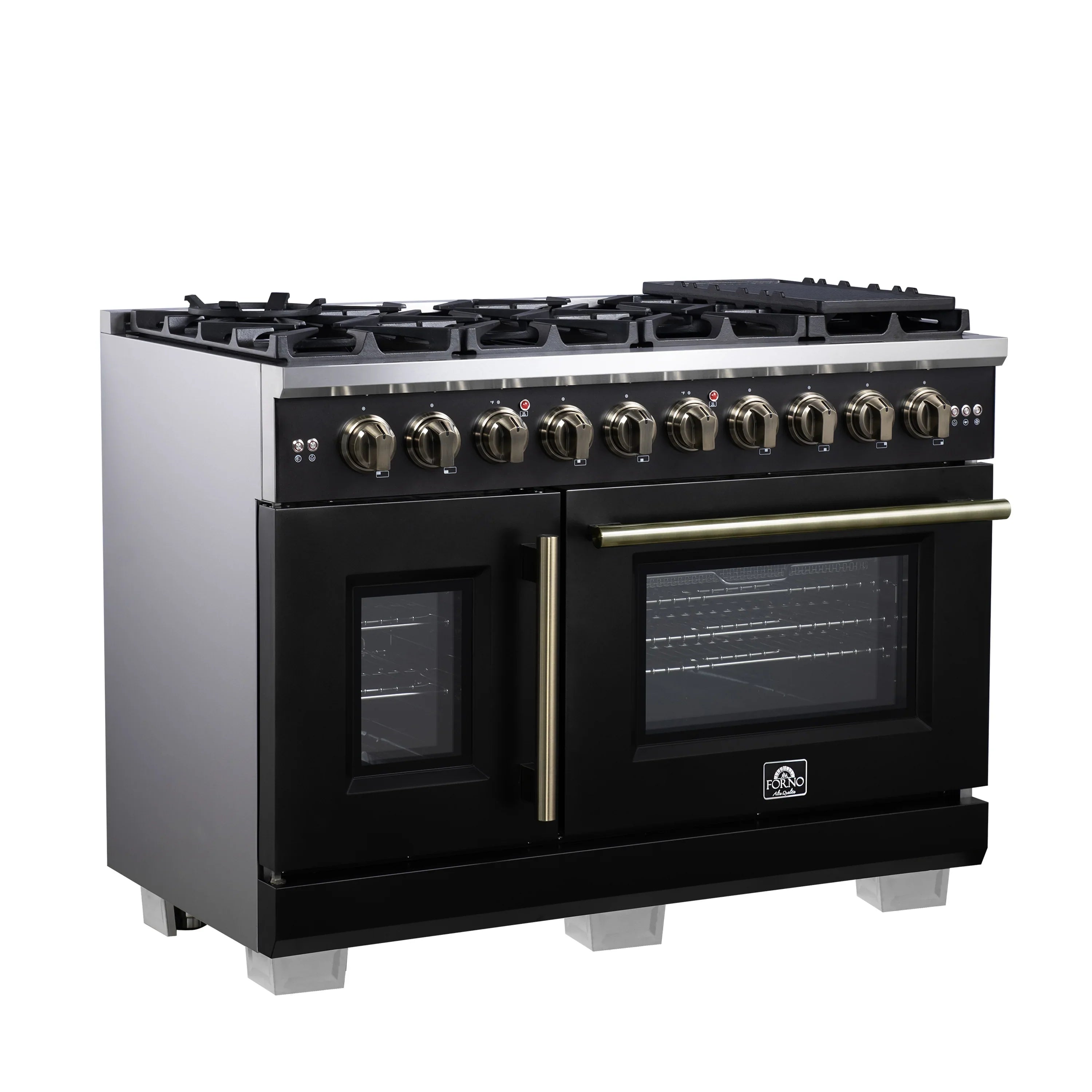 Forno Capriasca 48-Inch Freestanding French Door Gas Range with 8 Burners and 6.58 Cu.Ft. Convection Oven in Black with Antique Brass Handle (FFSGS6460-48BLK)