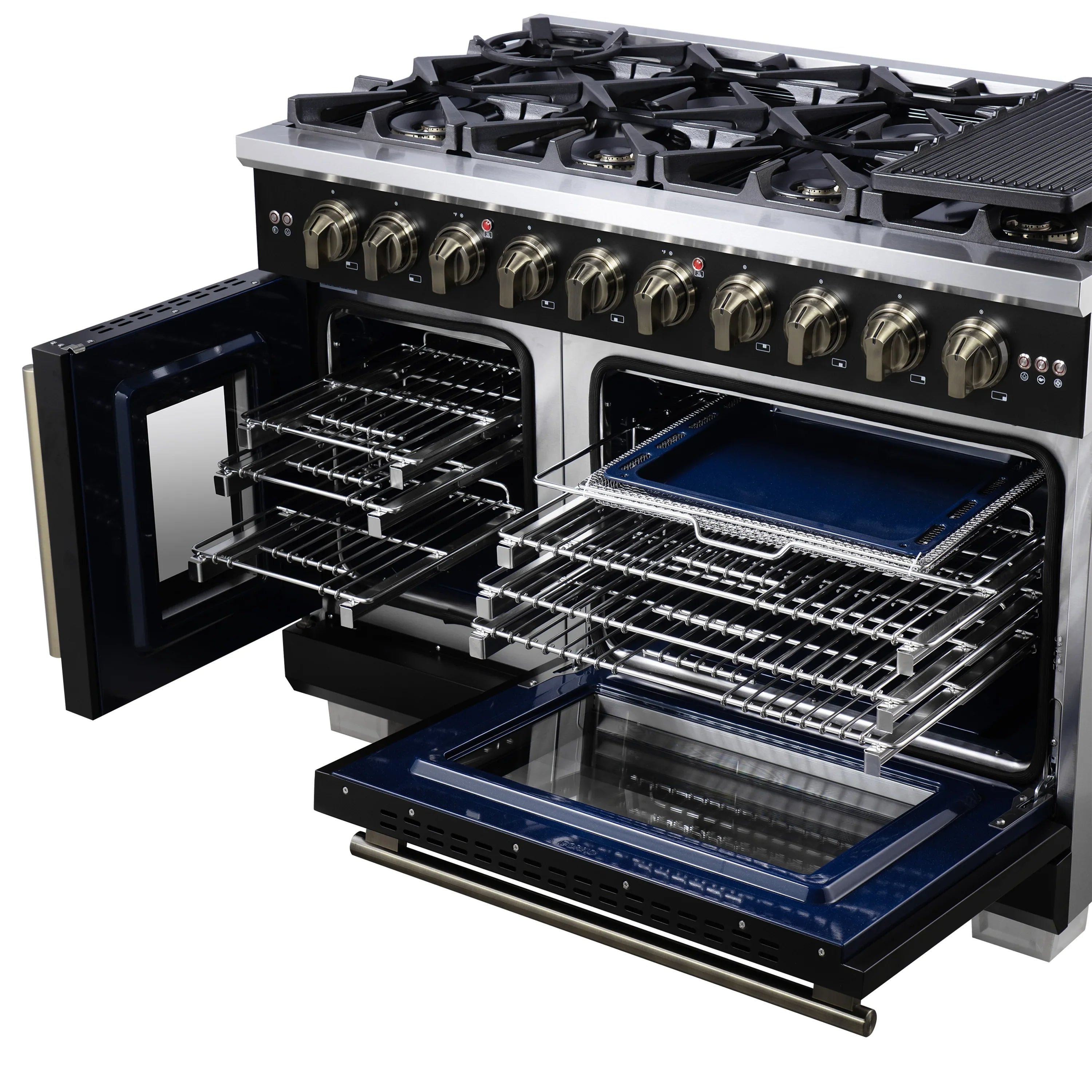 Forno Capriasca 48-Inch Freestanding French Door Gas Range with 8 Burners and 6.58 Cu.Ft. Convection Oven in Black with Antique Brass Handle (FFSGS6460-48BLK)