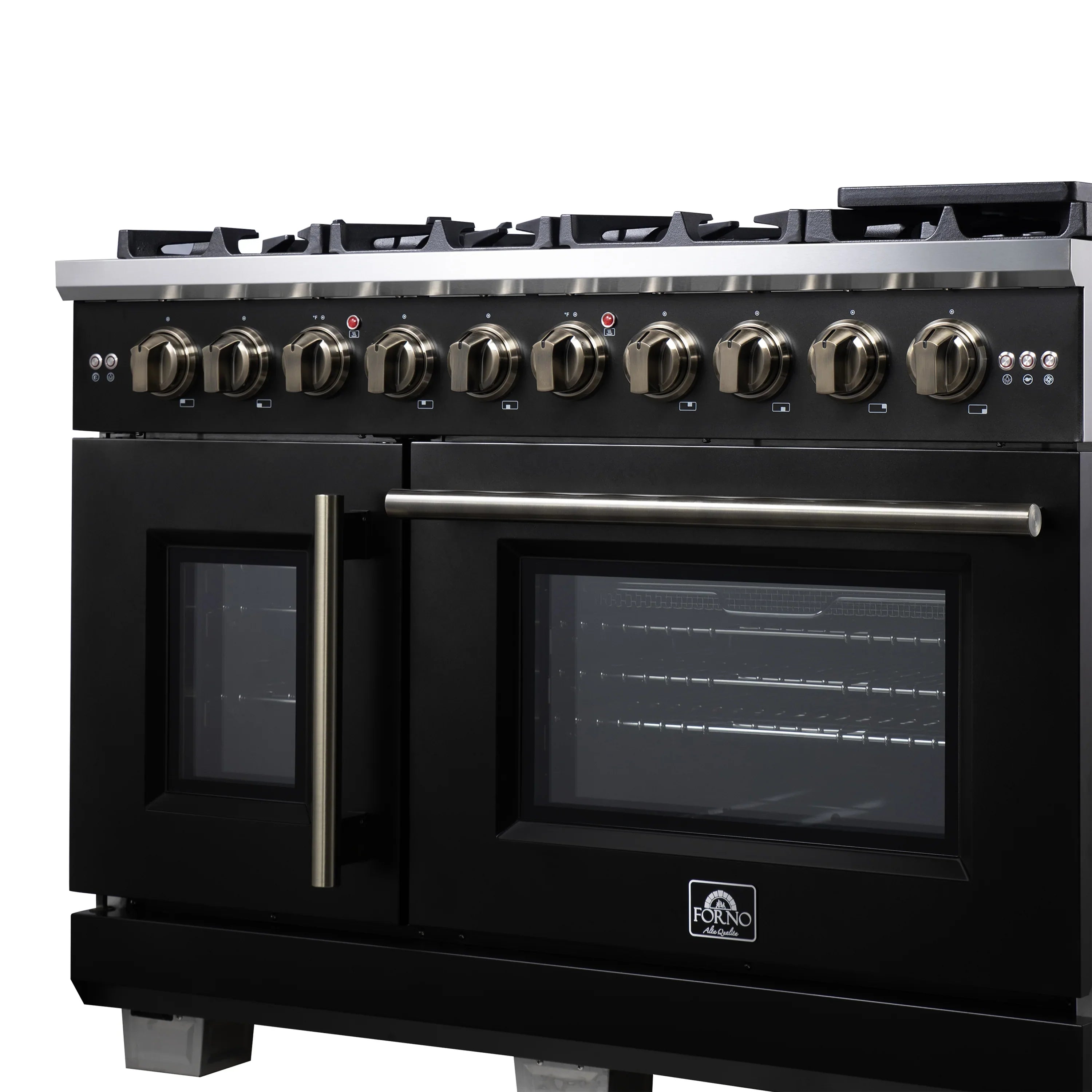 Forno Capriasca 48-Inch Freestanding French Door Gas Range with 8 Burners and 6.58 Cu.Ft. Convection Oven in Black with Antique Brass Handle (FFSGS6460-48BLK)