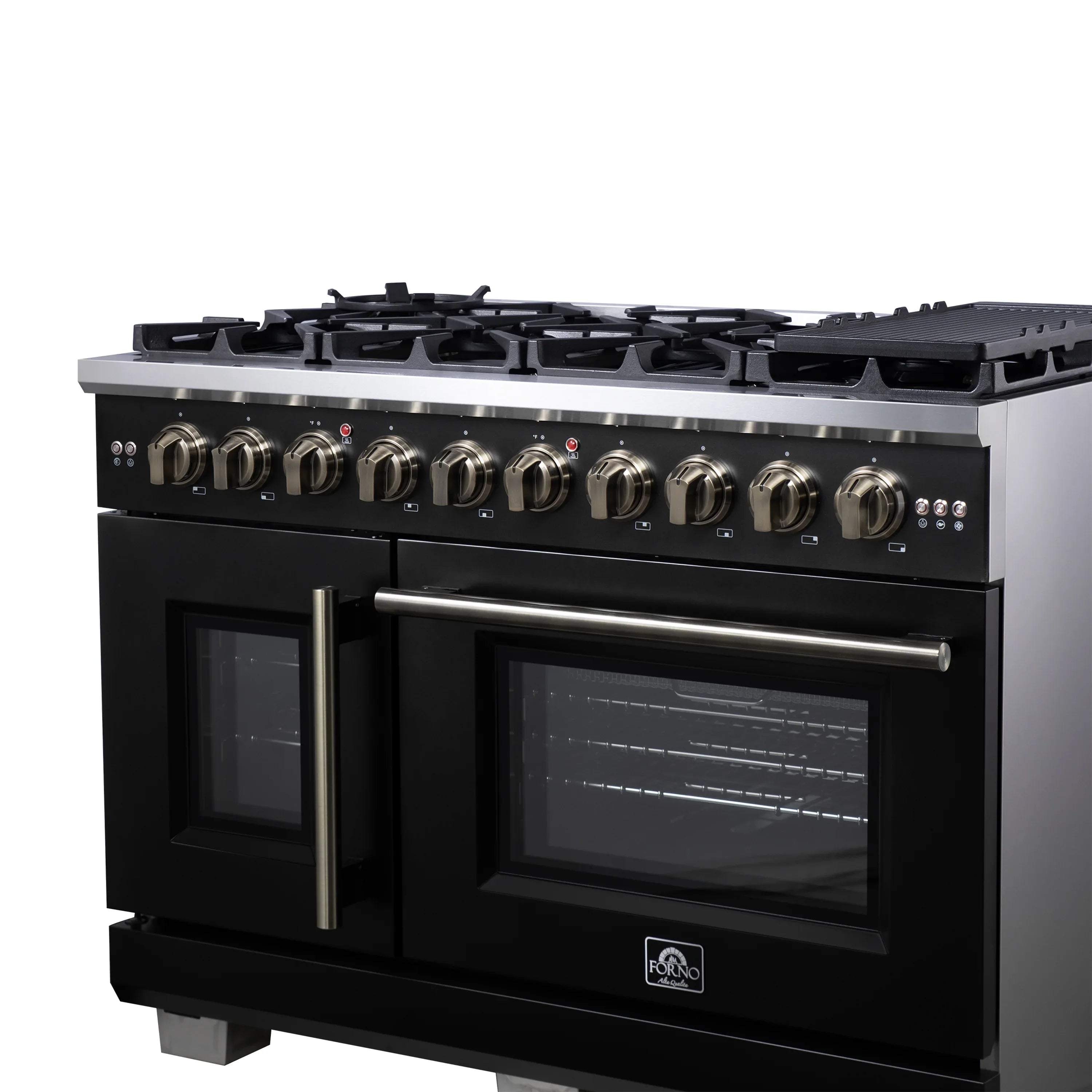 Forno Capriasca 48-Inch Freestanding French Door Gas Range with 8 Burners and 6.58 Cu.Ft. Convection Oven in Black with Antique Brass Handle (FFSGS6460-48BLK)