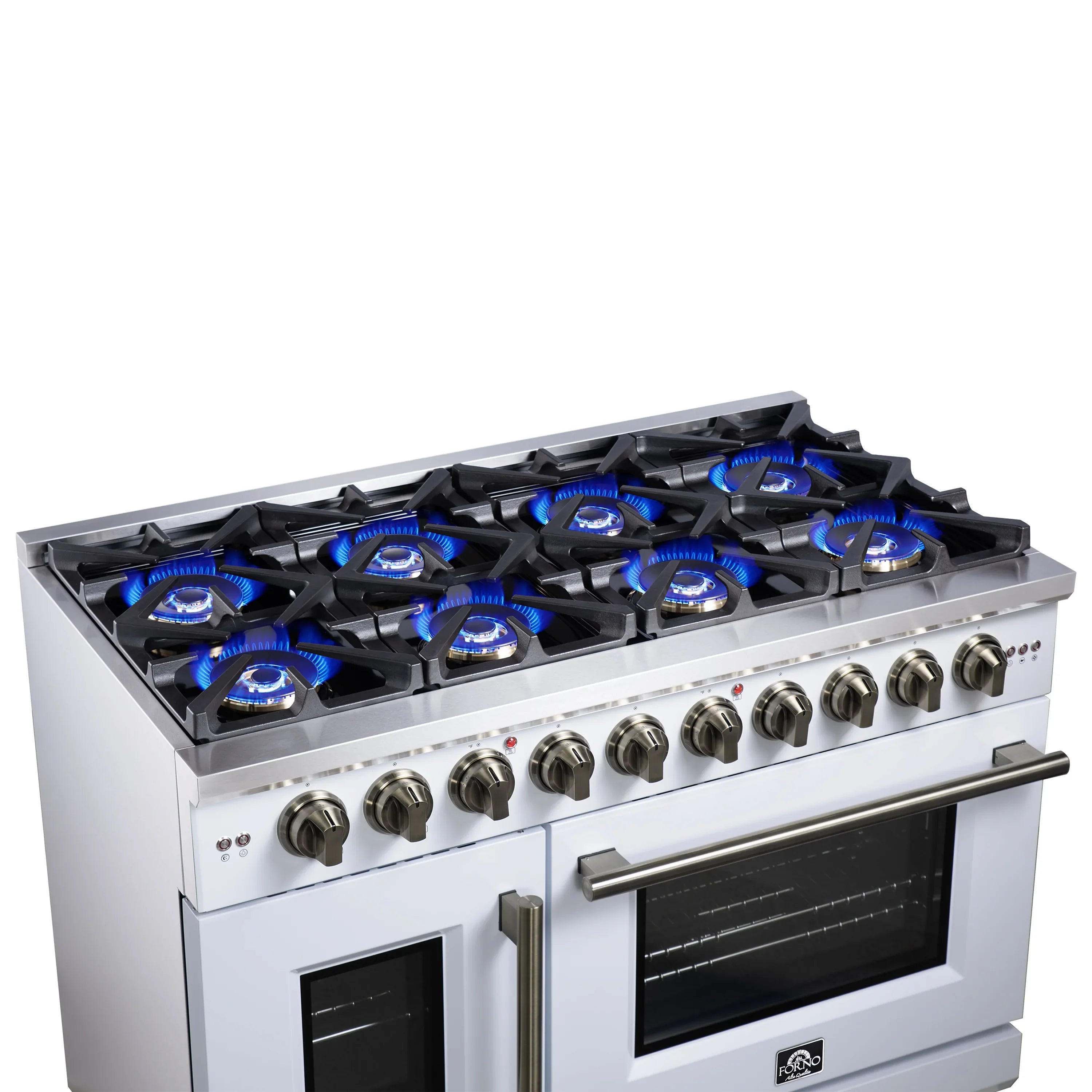 Forno Capriasca 48-Inch Freestanding French Door Gas Range with 8 Burners and 6.58 Cu.Ft. Convection Oven in White with Antique Brass Handle (FFSGS6460-48WHT)