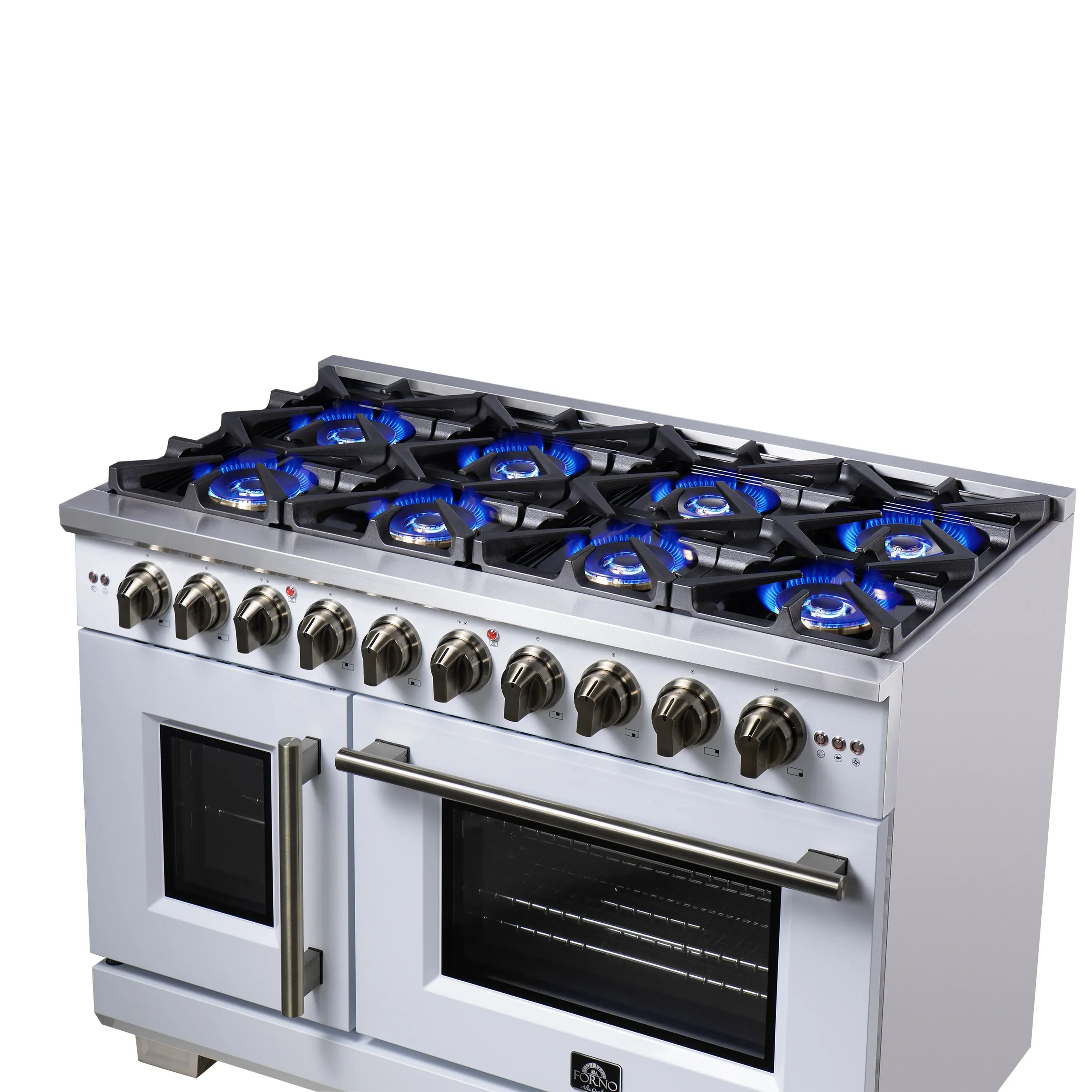 Forno Capriasca 48-Inch Freestanding French Door Gas Range with 8 Burners and 6.58 Cu.Ft. Convection Oven in White with Antique Brass Handle (FFSGS6460-48WHT)