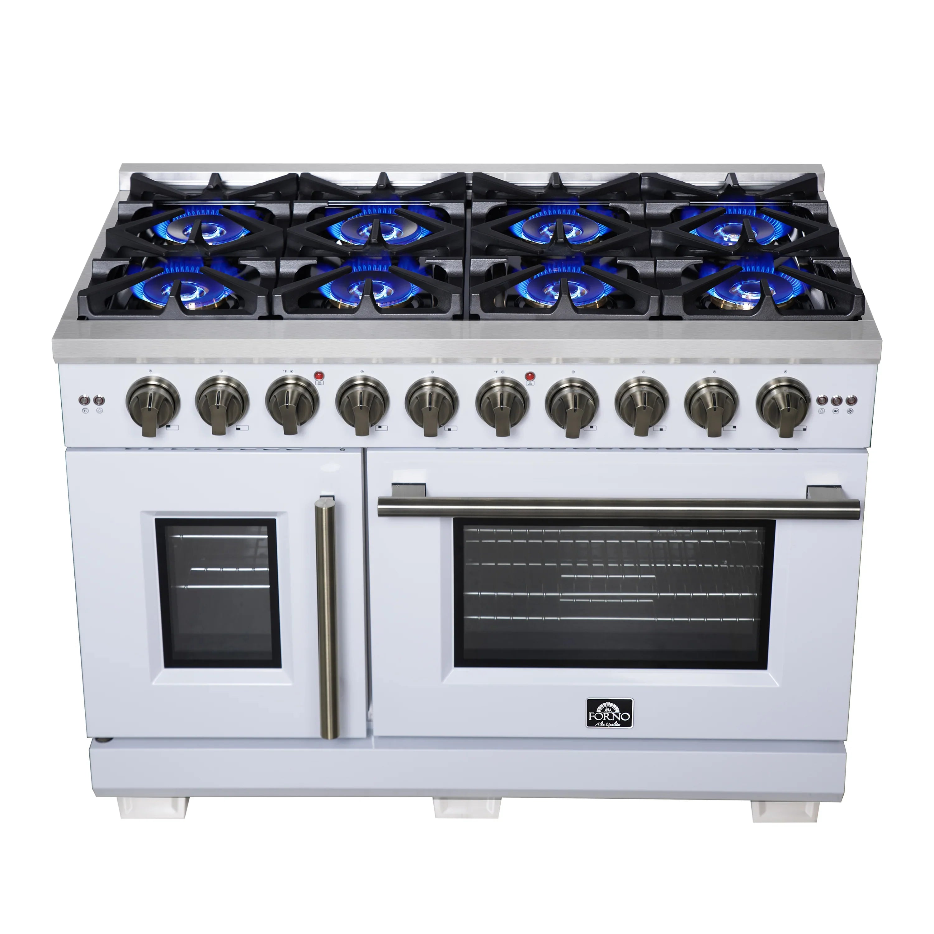 Forno Capriasca 48-Inch Freestanding French Door Gas Range with 8 Burners and 6.58 Cu.Ft. Convection Oven in White with Antique Brass Handle (FFSGS6460-48WHT)