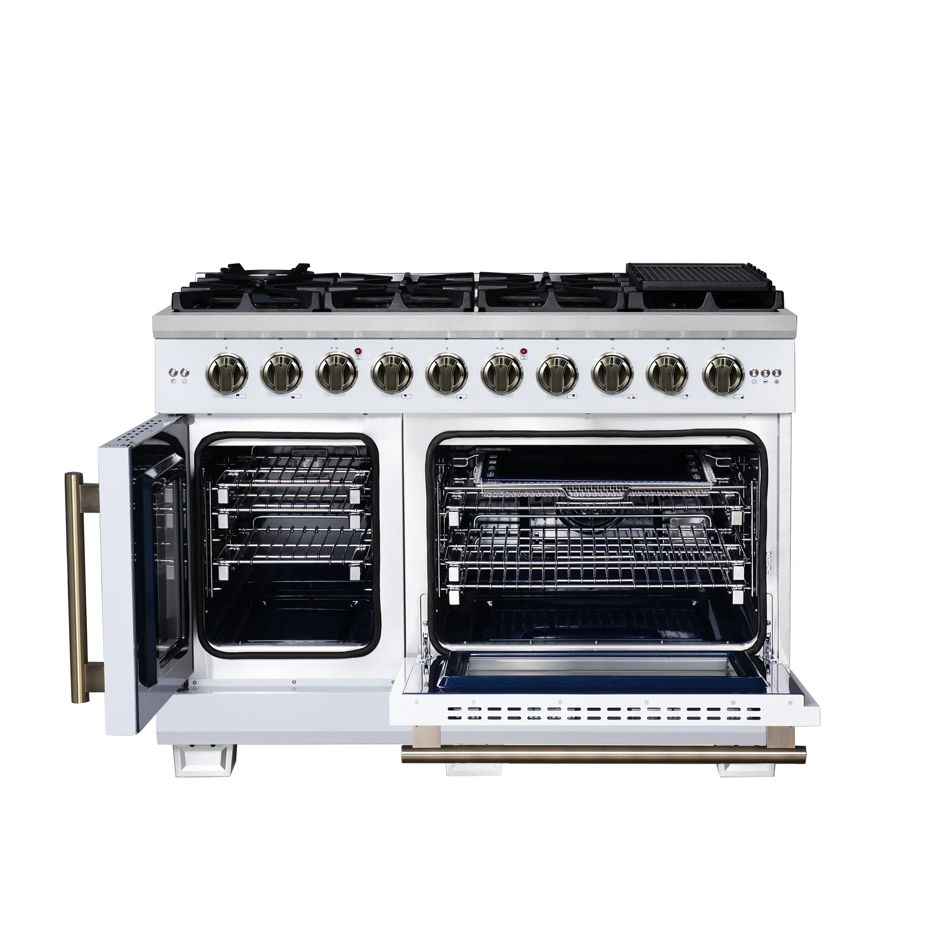 Forno Capriasca 48-Inch Freestanding French Door Gas Range with 8 Burners and 6.58 Cu.Ft. Convection Oven in White with Antique Brass Handle (FFSGS6460-48WHT)