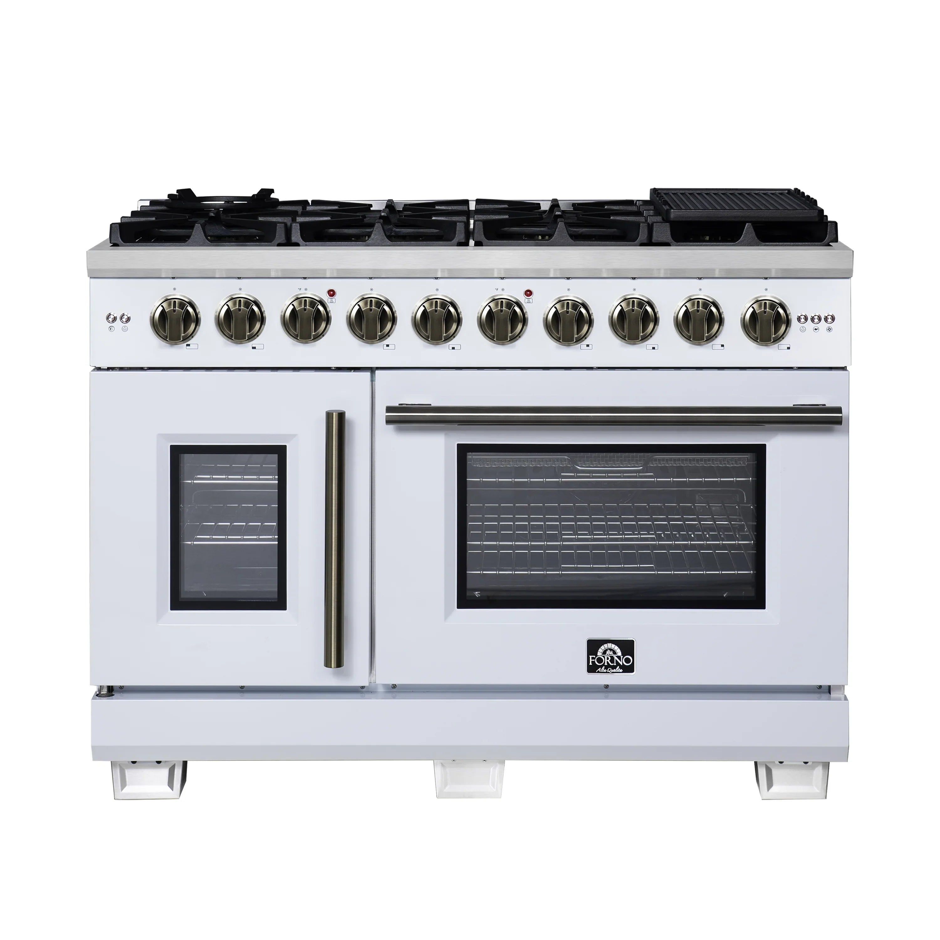 Forno Capriasca 48-Inch Freestanding French Door Gas Range with 8 Burners and 6.58 Cu.Ft. Convection Oven in White with Antique Brass Handle (FFSGS6460-48WHT)