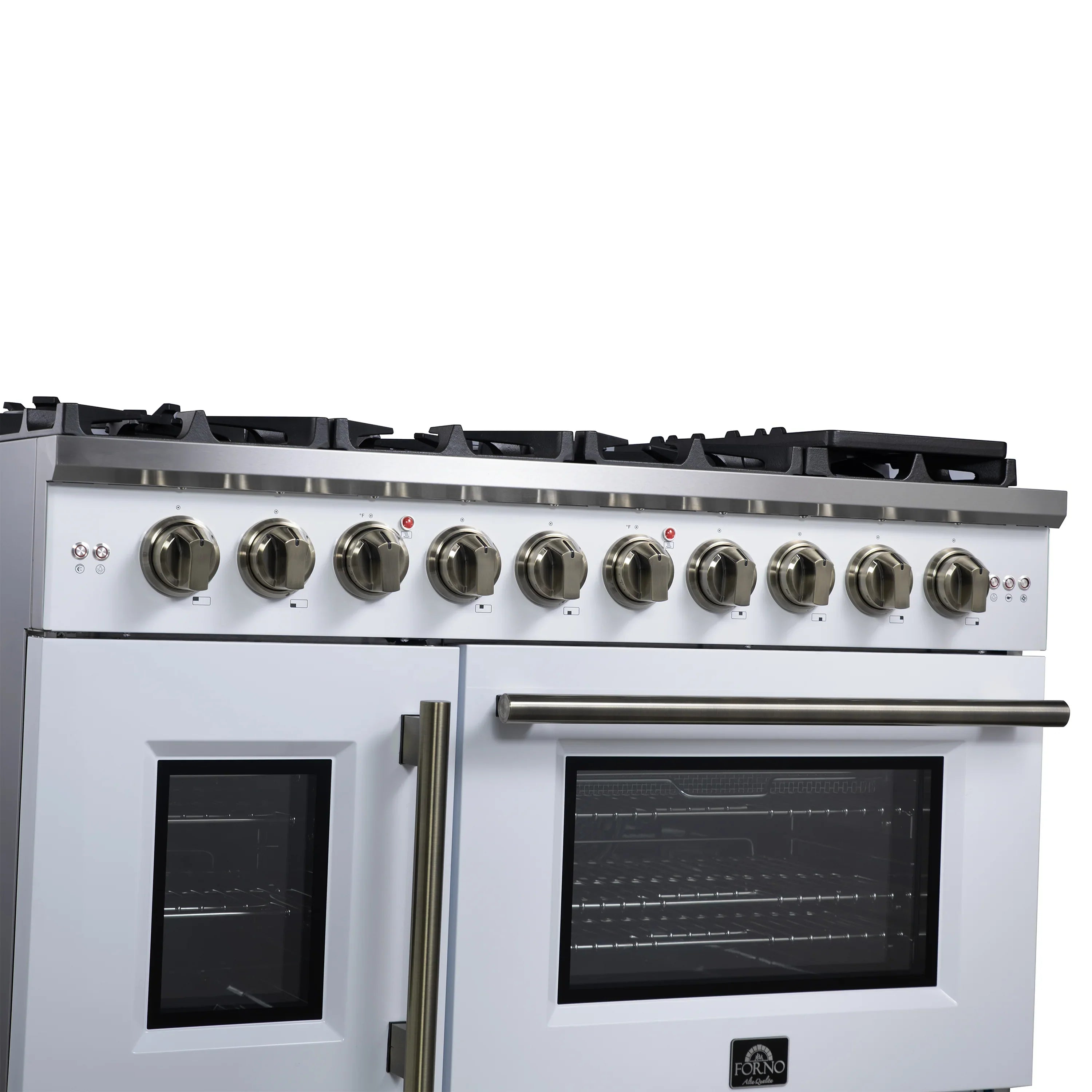 Forno Capriasca 48-Inch Freestanding French Door Gas Range with 8 Burners and 6.58 Cu.Ft. Convection Oven in White with Antique Brass Handle (FFSGS6460-48WHT)