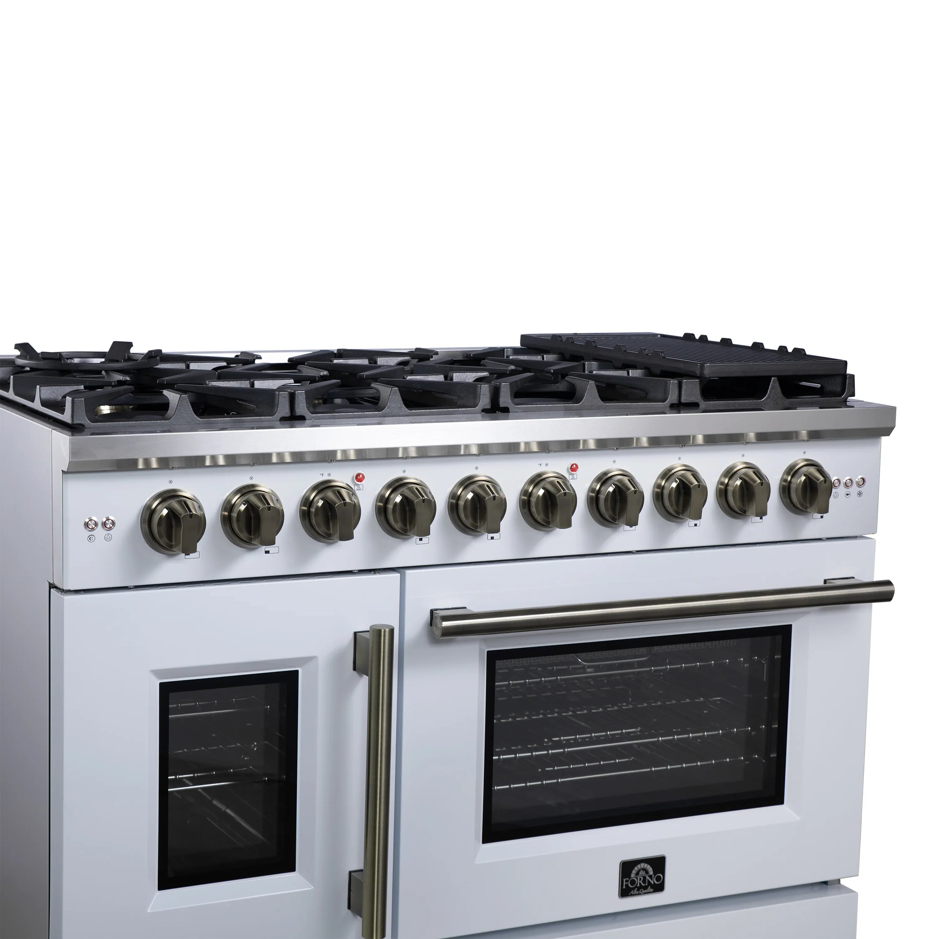 Forno Capriasca 48-Inch Freestanding French Door Gas Range with 8 Burners and 6.58 Cu.Ft. Convection Oven in White with Antique Brass Handle (FFSGS6460-48WHT)