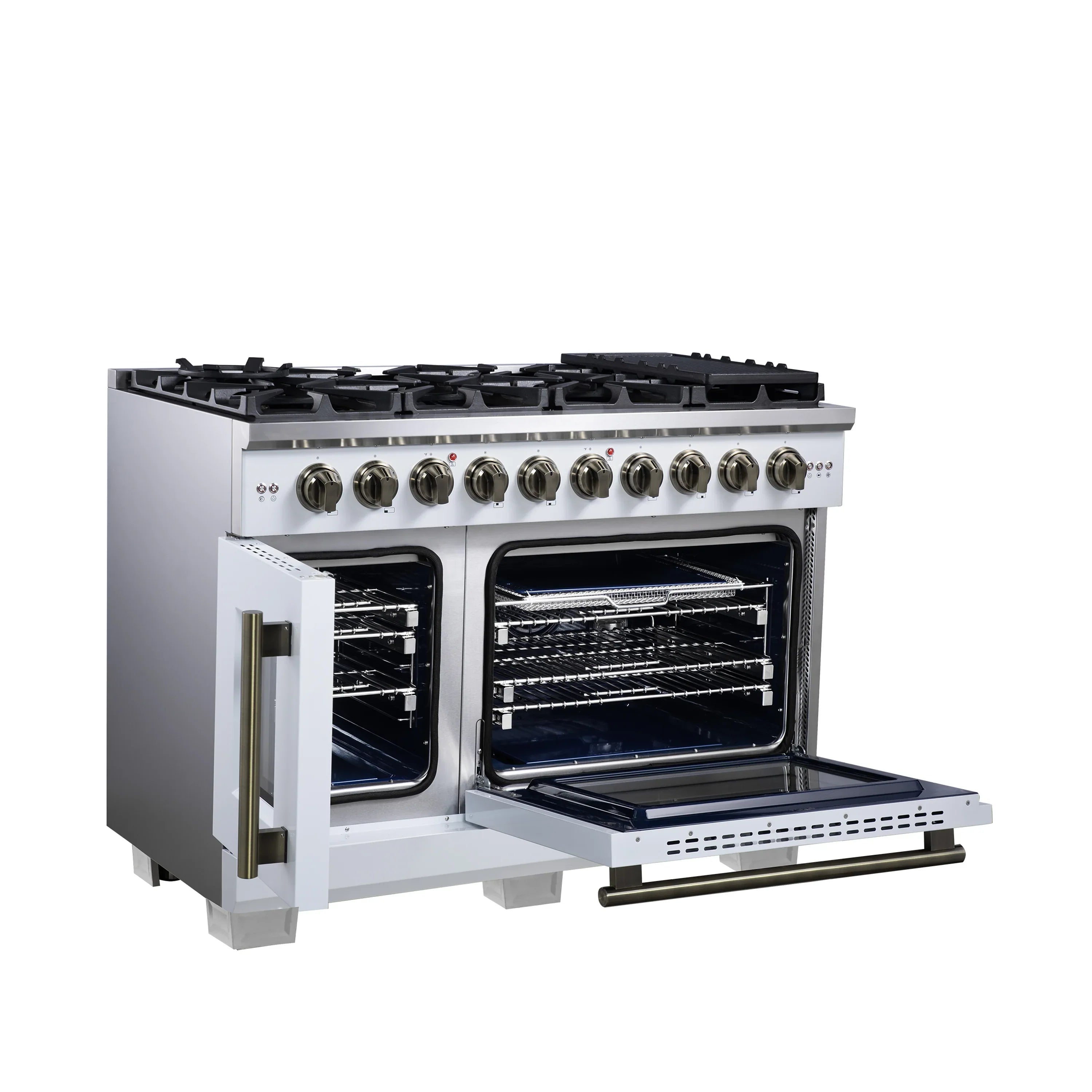 Forno Capriasca 48-Inch Freestanding French Door Gas Range with 8 Burners and 6.58 Cu.Ft. Convection Oven in White with Antique Brass Handle (FFSGS6460-48WHT)