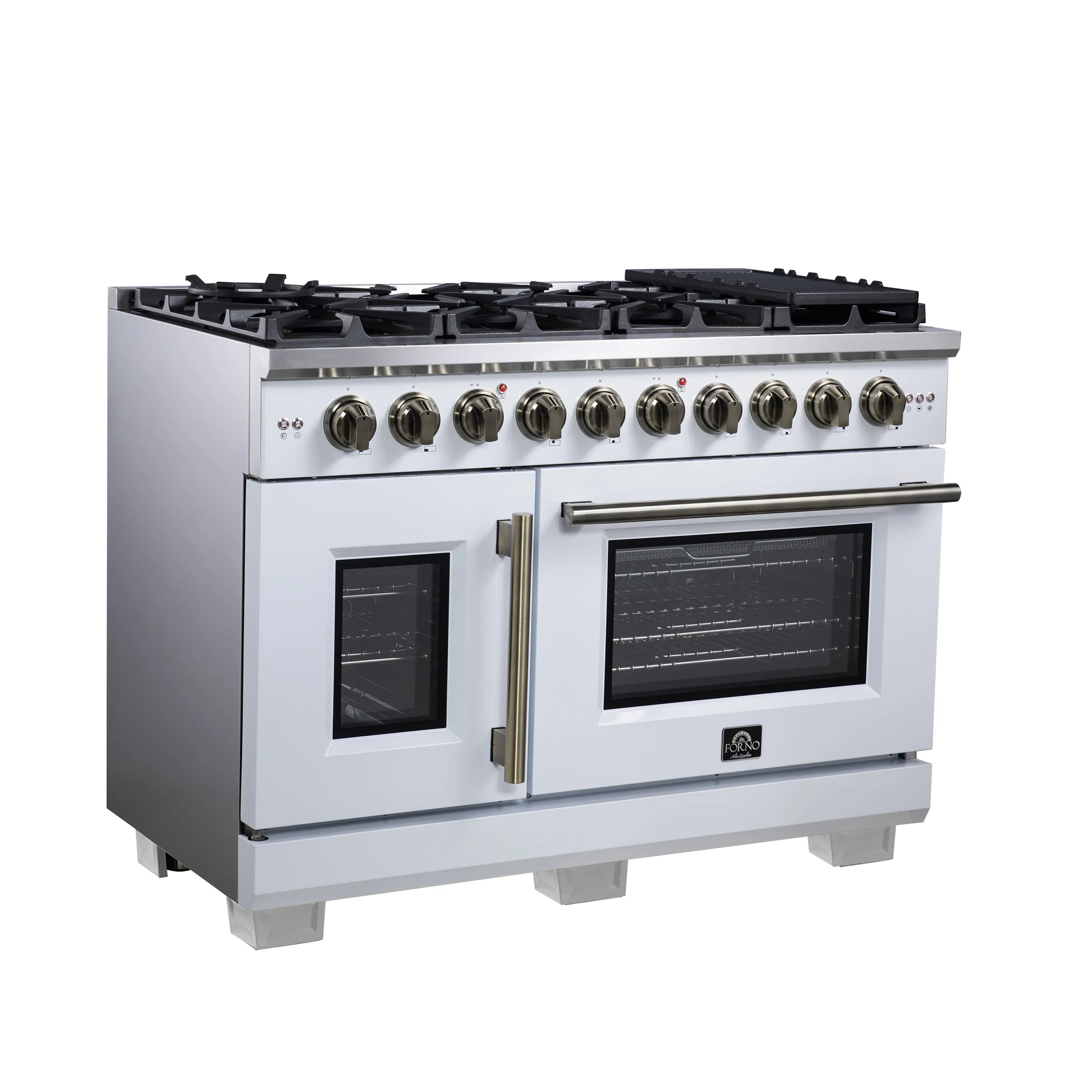 Forno Capriasca 48-Inch Freestanding French Door Gas Range with 8 Burners and 6.58 Cu.Ft. Convection Oven in White with Antique Brass Handle (FFSGS6460-48WHT)