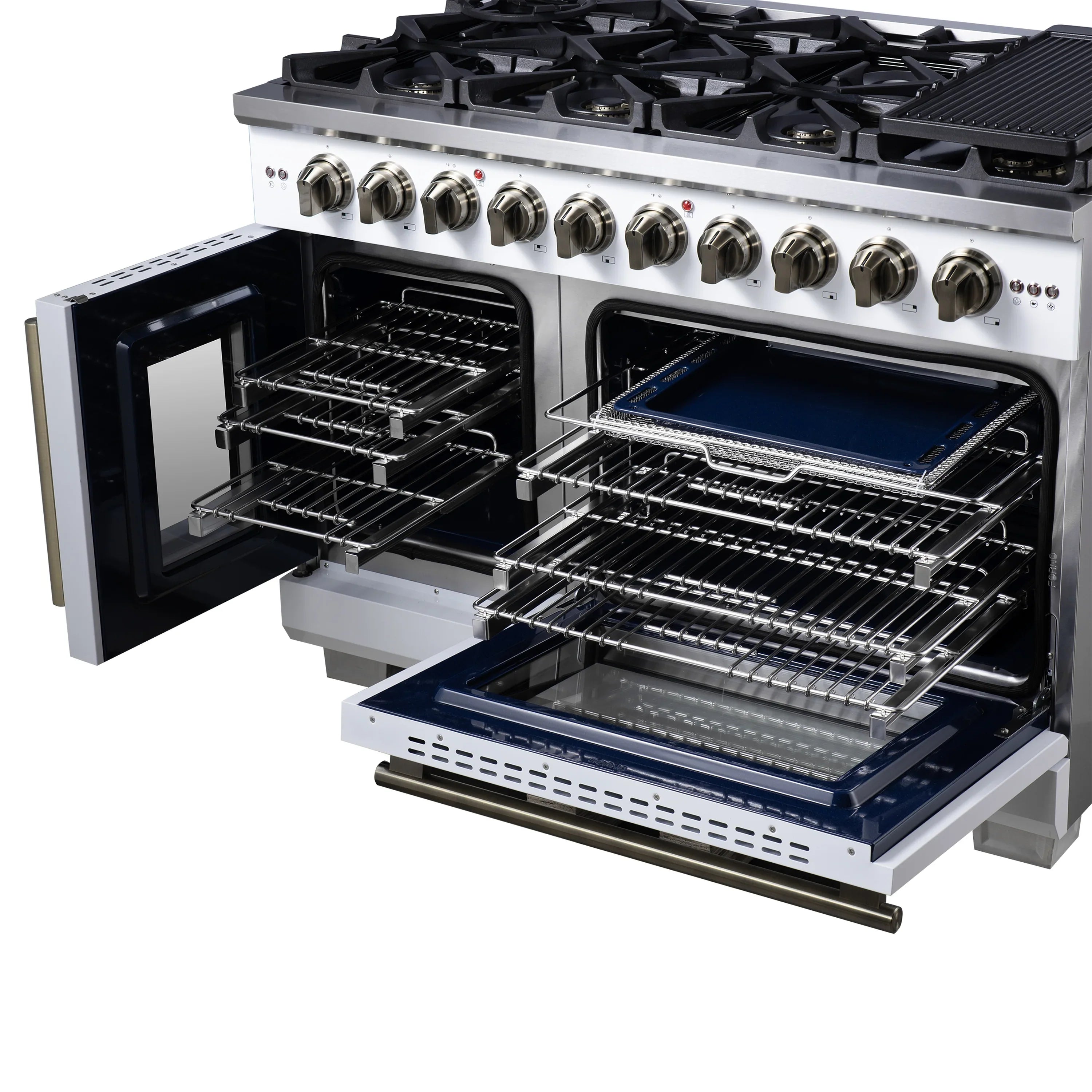Forno Capriasca 48-Inch Freestanding French Door Gas Range with 8 Burners and 6.58 Cu.Ft. Convection Oven in White with Antique Brass Handle (FFSGS6460-48WHT)