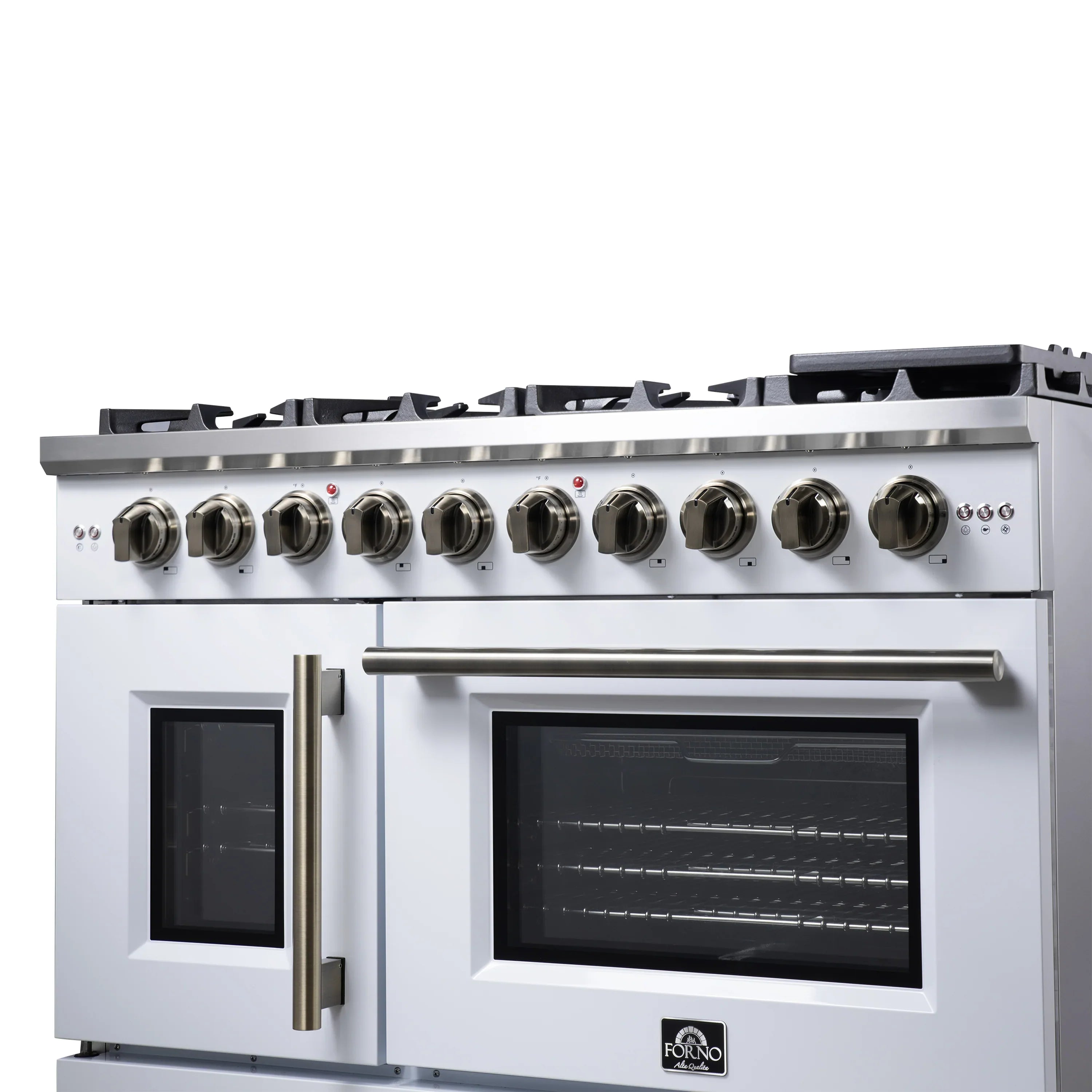 Forno Capriasca 48-Inch Freestanding French Door Gas Range with 8 Burners and 6.58 Cu.Ft. Convection Oven in White with Antique Brass Handle (FFSGS6460-48WHT)
