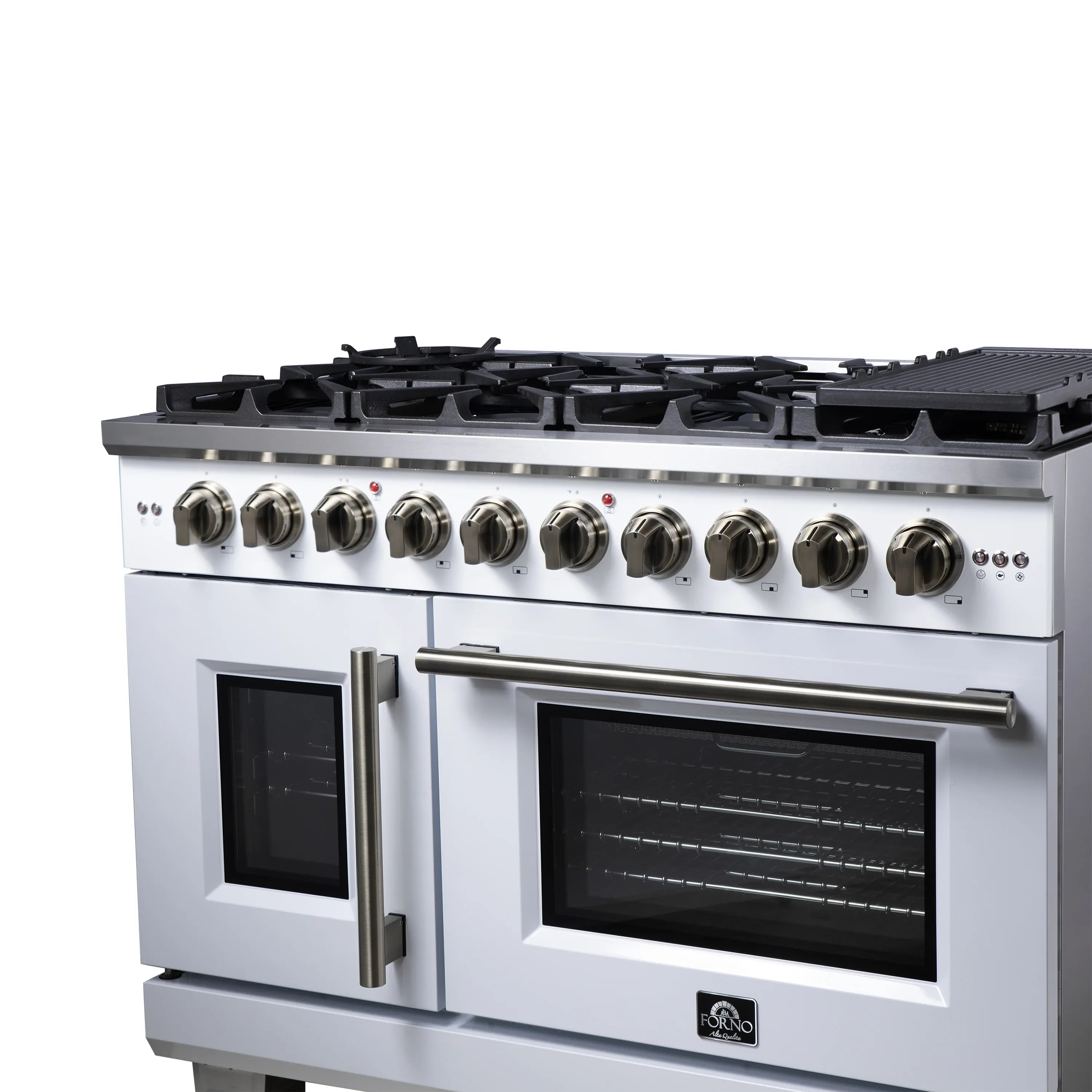 Forno Capriasca 48-Inch Freestanding French Door Gas Range with 8 Burners and 6.58 Cu.Ft. Convection Oven in White with Antique Brass Handle (FFSGS6460-48WHT)